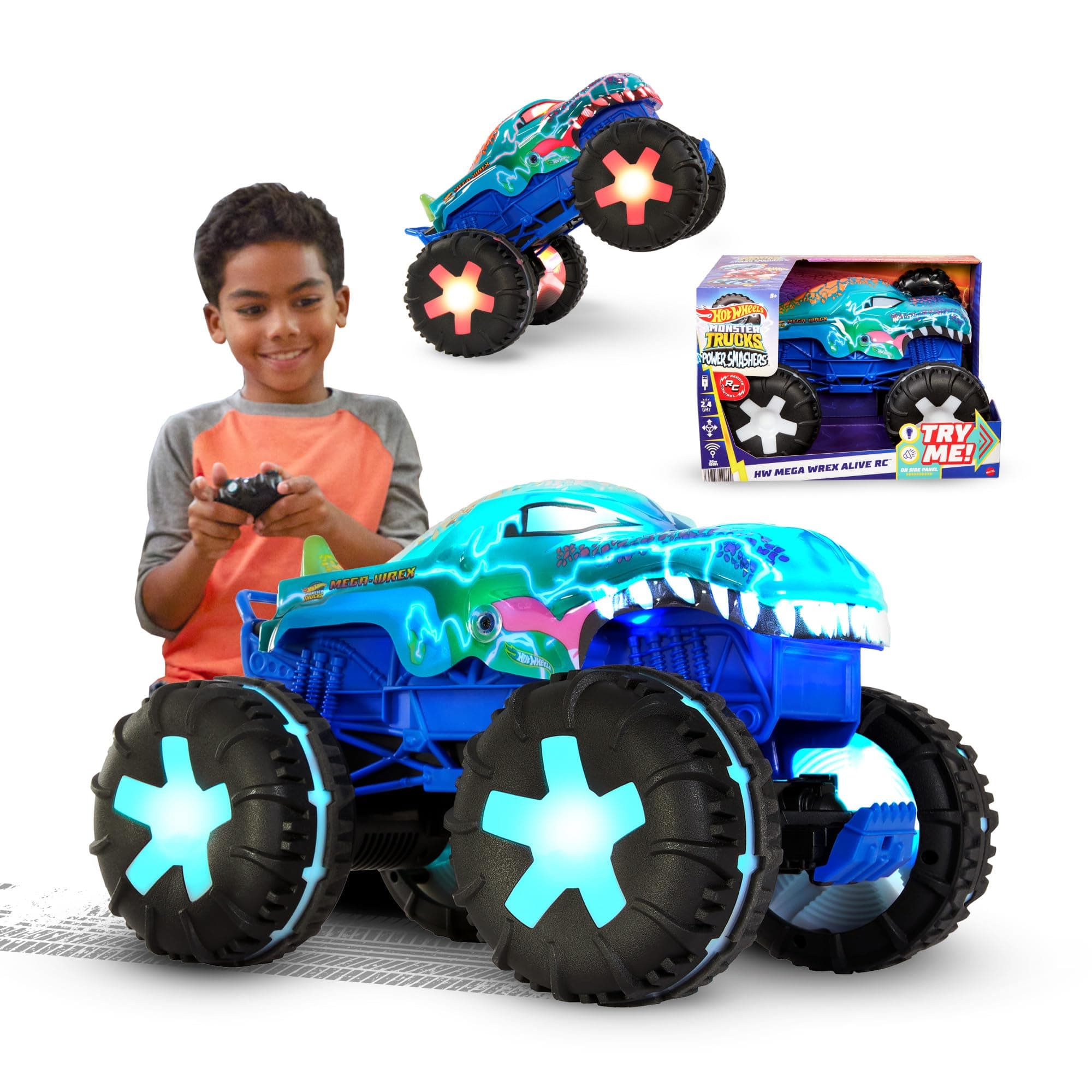 Hot Wheels Monster Trucks - Remote Control Car, Mega-Wrex 1:15 Scale Large Remote Control Vehicle with 3 Remote Control Play Modes and Interactive Sound & Light Effects, JBD90