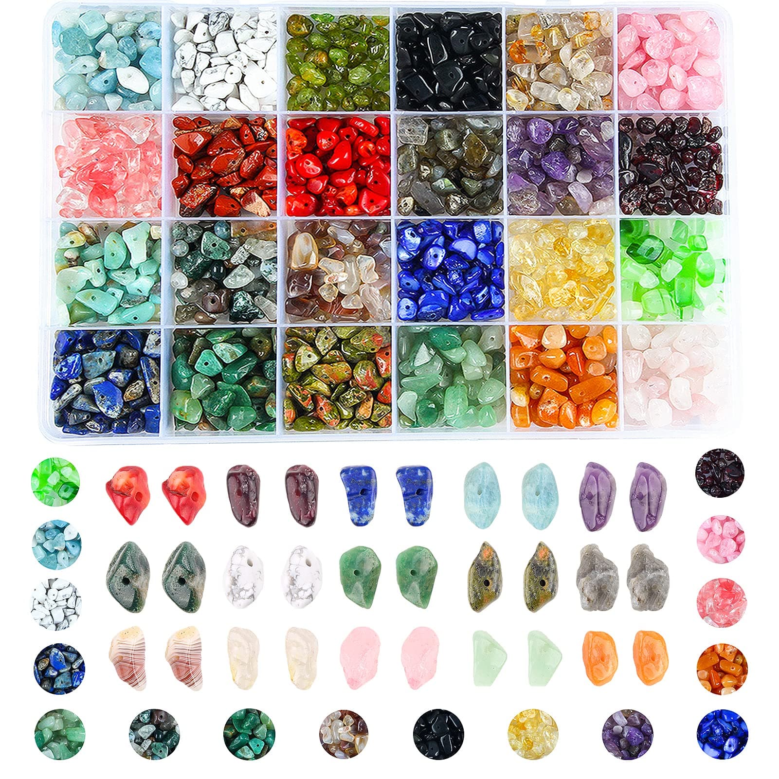 Colle Gemstone Beads Crushed Irregular Chips Beads Set Natural Stone Healing Crystal Loose DIY Bead for Jewelry Making Necklace Bracelet Ring (24 Color) (Multicolor)