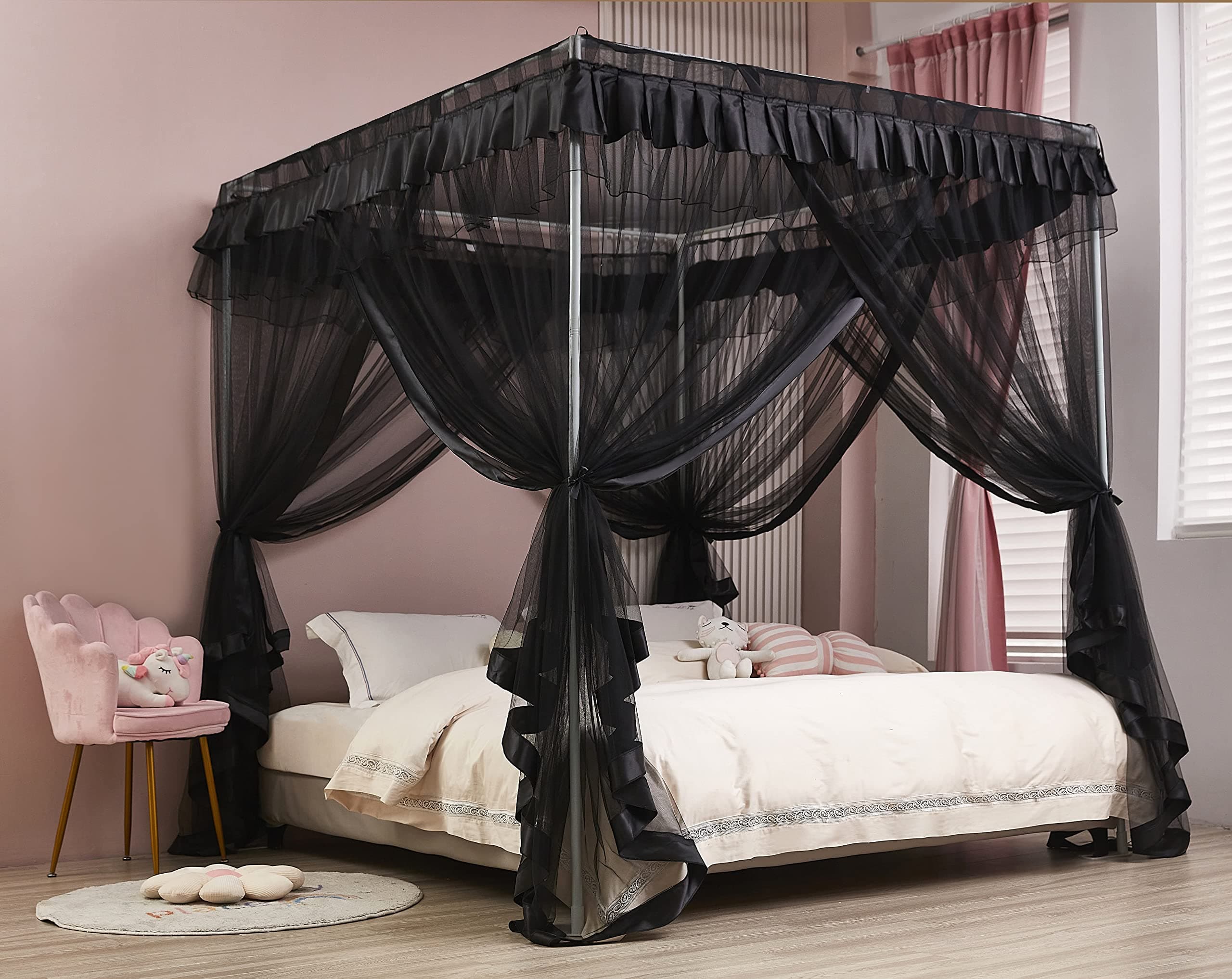 4 Corner Post Bed Canopy Bed Curtains Mosquito Net Bedroom Decoration Accessories (Twin, Black)