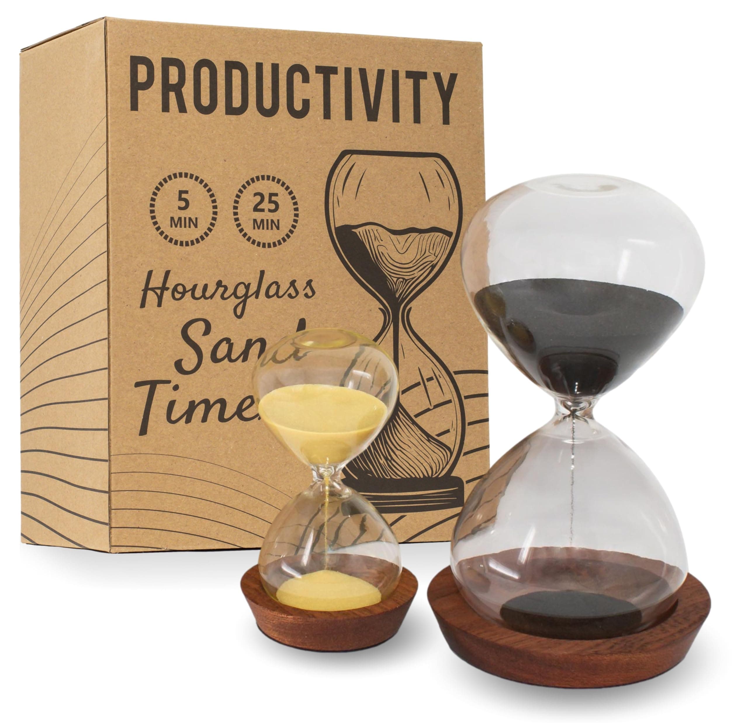 Decorative Hourglass Sand Timer Set - Includes 25 and 5 Minute Sandglass Pomodoro Timers with Wooden Bases - Time Management Productivity Tool - Gift for Home Office Desk