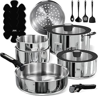 18pcs Stainless Steel Cookware Set with Detachable Handle, Nonstick Pots and Pans Set, Induction Kitchen Cookware Sets with Removable Handle, RV Cookware Set, Oven Safe, Camping Cookware, Black