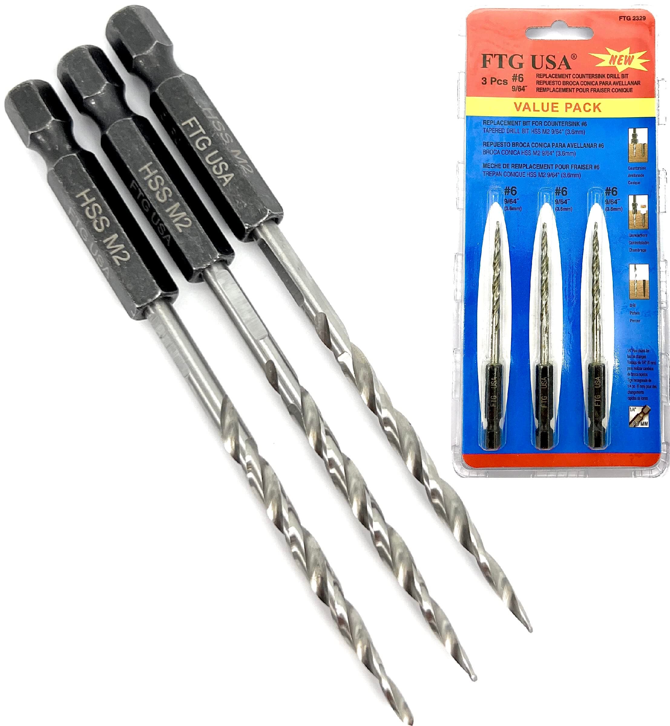 FTG USA 3 Pc #6 (9/64") Replacement Tapered Countersink Drill Bit Set All Same Size Countersink Bit Replacement Only