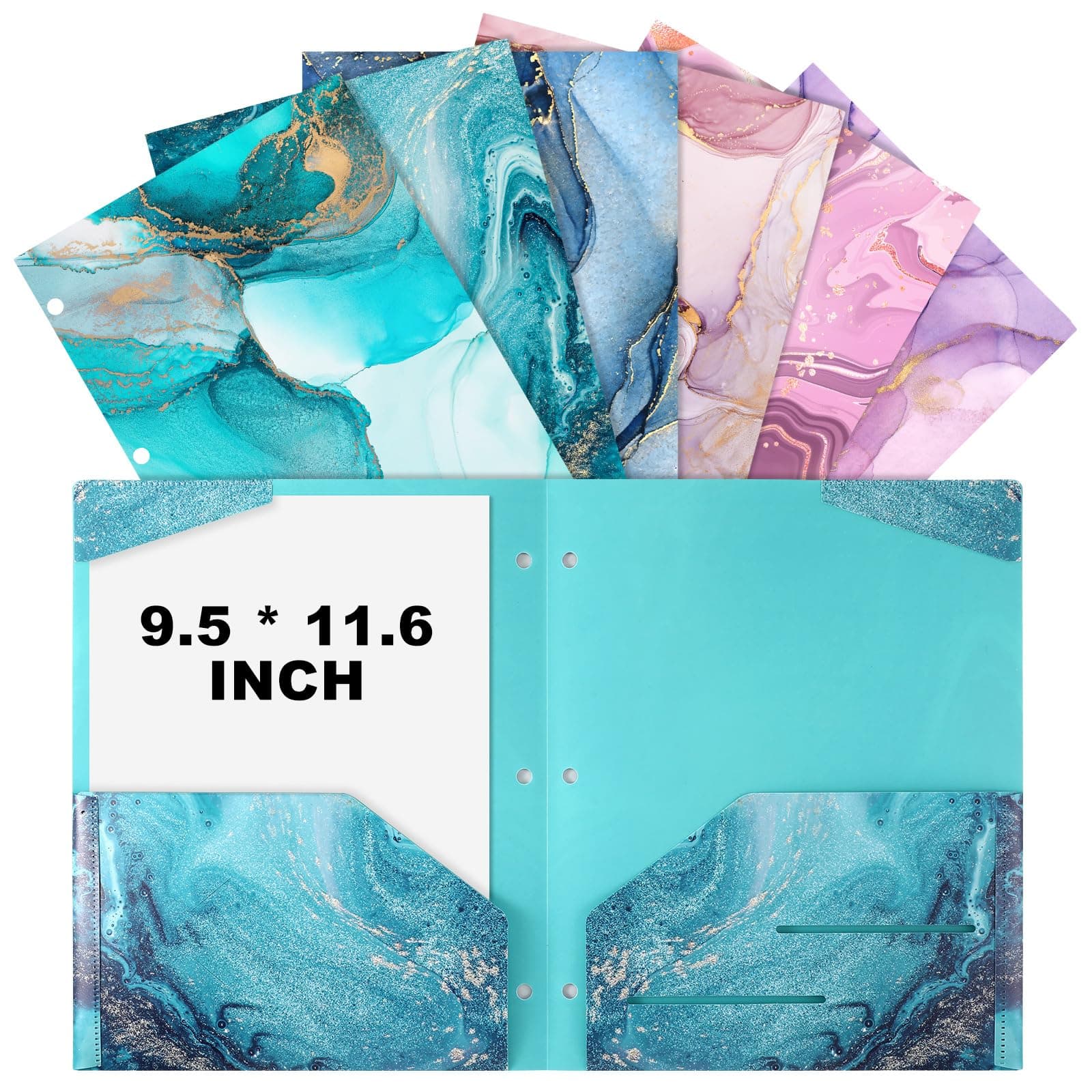 Eersida 24 Pcs Back to School 2 Pocket Folders, 9.5'' x 11.6'' Waterproof Plastic Folders with Pockets, Fixed Corner Tabs, Business Card Slot, Heavy Duty 3 Hole Decorative File Folders (Marble)