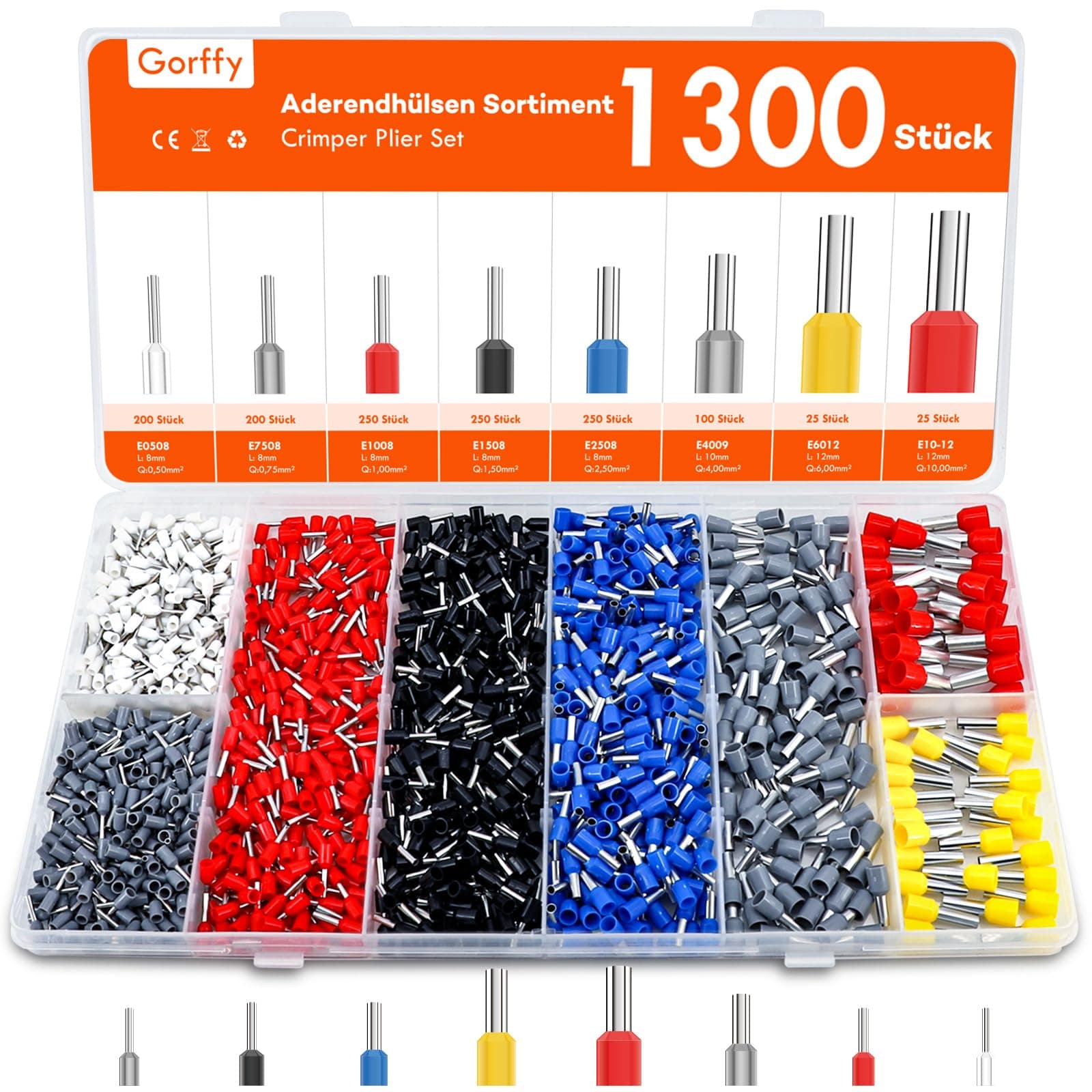 Wire Ferrules Kit 1300 Pcs, 0,5mm² - 10mm² Ferrule Crimp Connectors, Insulated Cable Ferrules Assortment, Crimp Terminals Wire Ferrule Set for Wire Connection