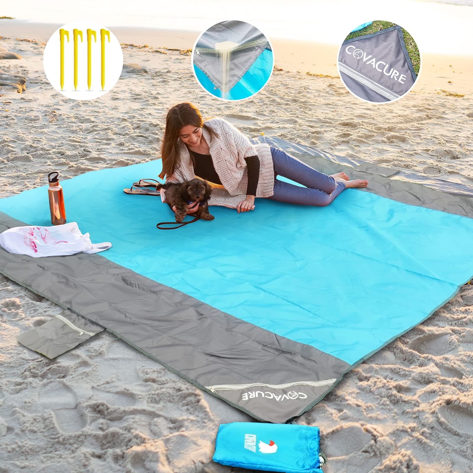 Beach Blanket Mat with 3 Zipper Pockets, Extra Large 210 x 200cm Water Resistant Sand Proof Picnic Blanket for Camping, Hiking, Picnic (Blue)