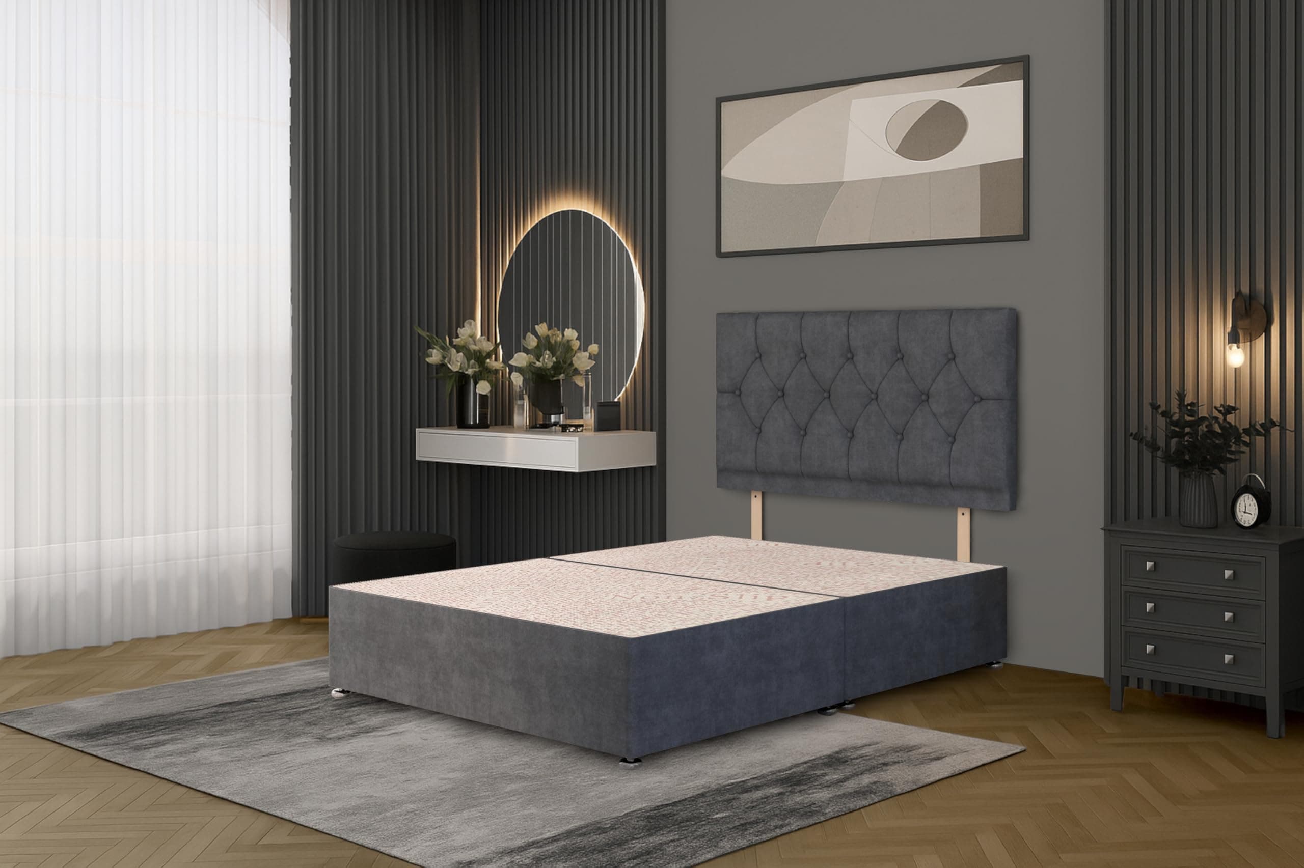 Bed Centre Charcoal Plush Fabric Divan Base Plus Matching Headboard3ft 4ft 4ft6 5ft 6ft (5FT (King))