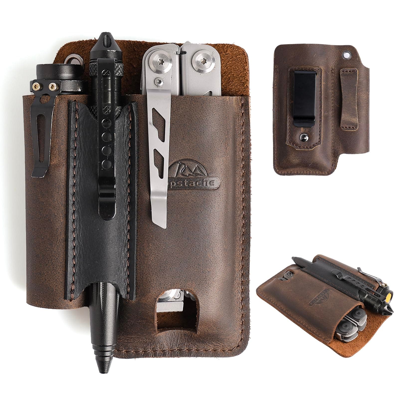 Topstache Leather Multitool Sheath with Belt Clip - Multitool Holster for Belt - EDC Belt Organizer Fits Multitool, Flashlight, Pen - Leather Multitool Pouch - Leather Multitool Holder