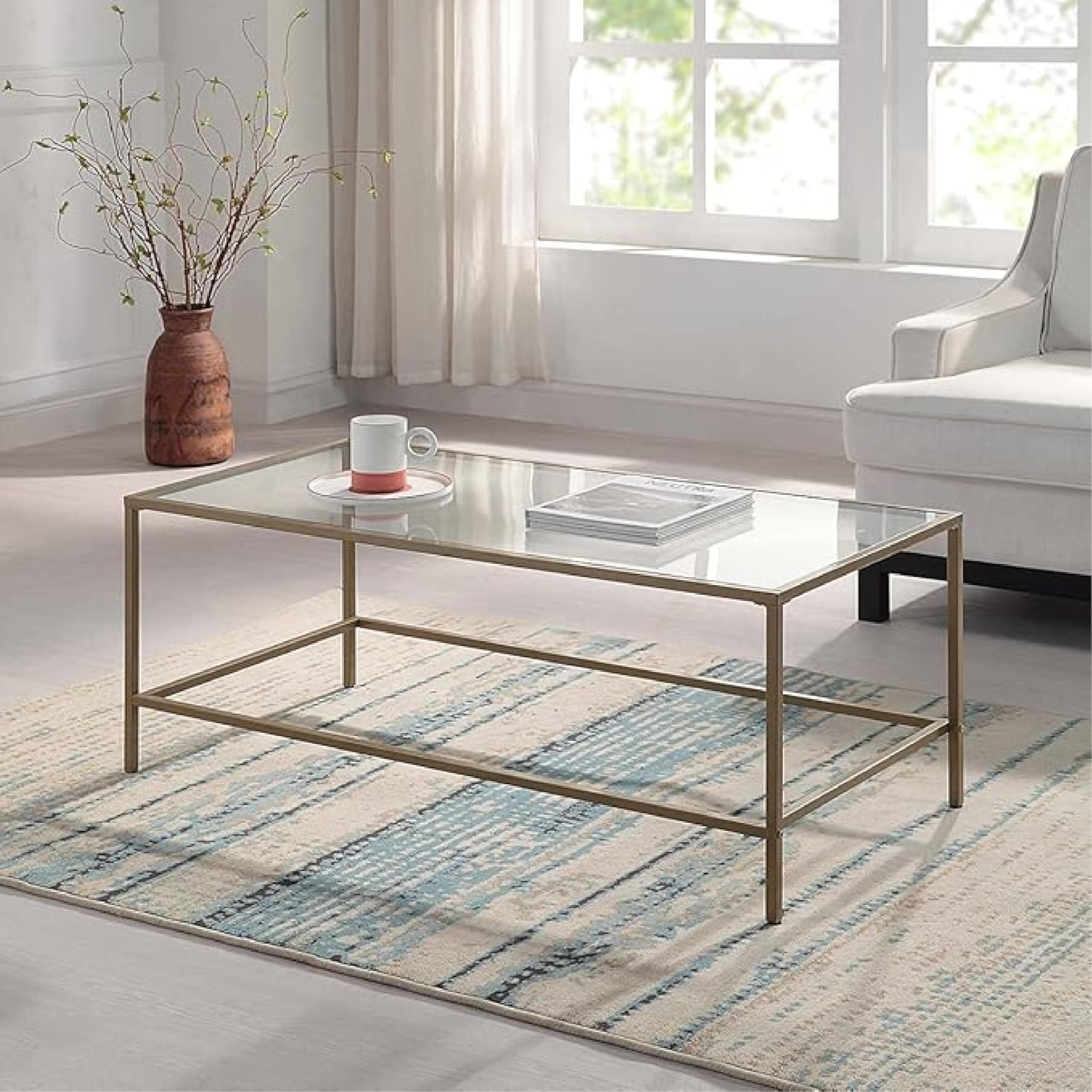 CAWS Gold Coffee Table, Tempered Glass Wide Rectangle Coffee Table with Stain Gold Metal Frame, Modern Minimalist Center Table for Living Room, Dining Room, Office, Pantry or Outdoor