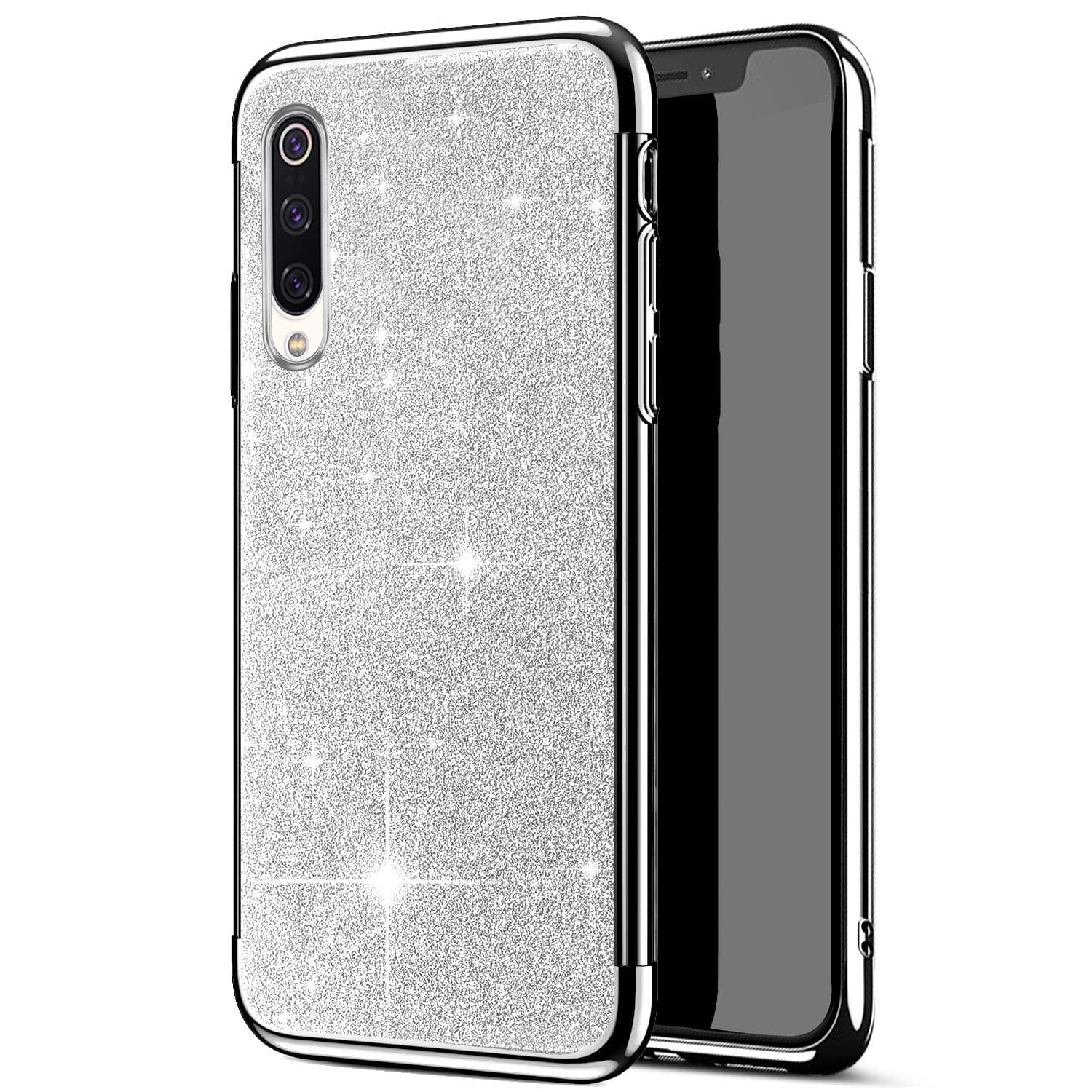 Felfy Compatible with Mi A3 Bling Glitter Case,Compatible with Mi CC9e Case Silver Plating Shiny Sparkle Soft TPU Silicone Rubber Transparent Clear Shockproof Slim Cover Case