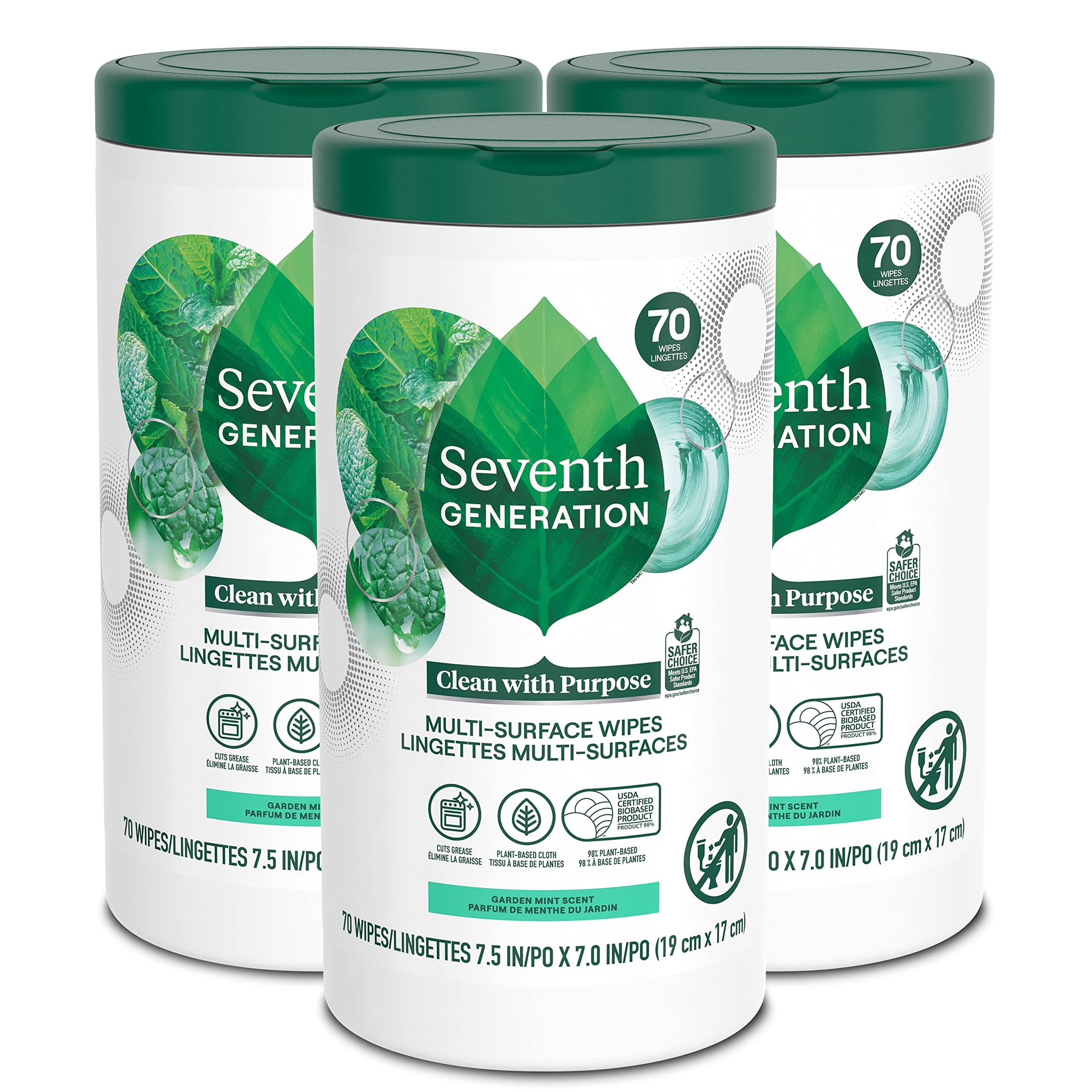 Seventh Generation Multi-Surface Wipes, Garden Mint Scent, 70 Wipes, Pack of 3 (Packaging May Vary)