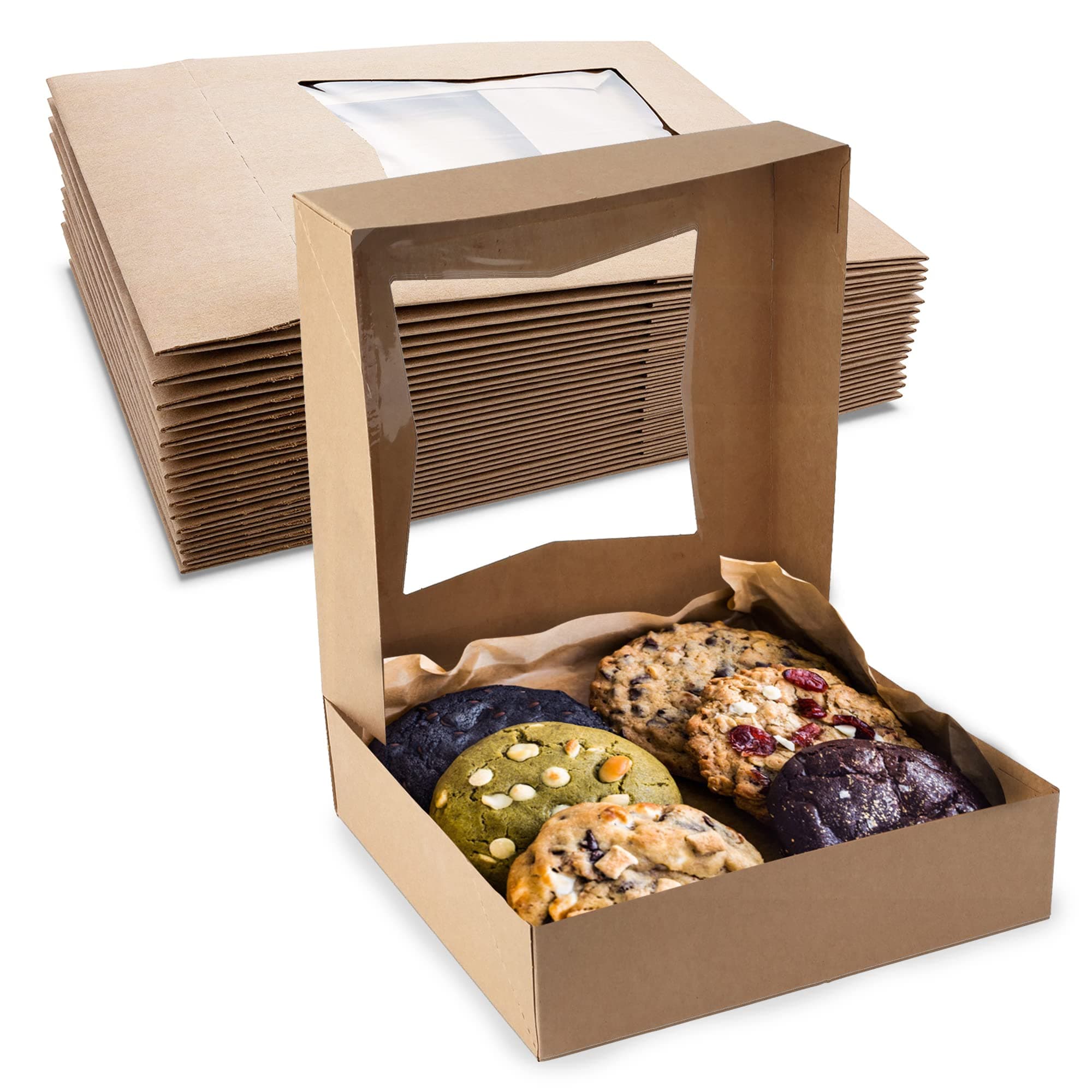 MT Products Kraft Cookie Boxes 8" x 8" x 2.5" - Bakery Boxes with Window (Pack of 10) - Made in the USA