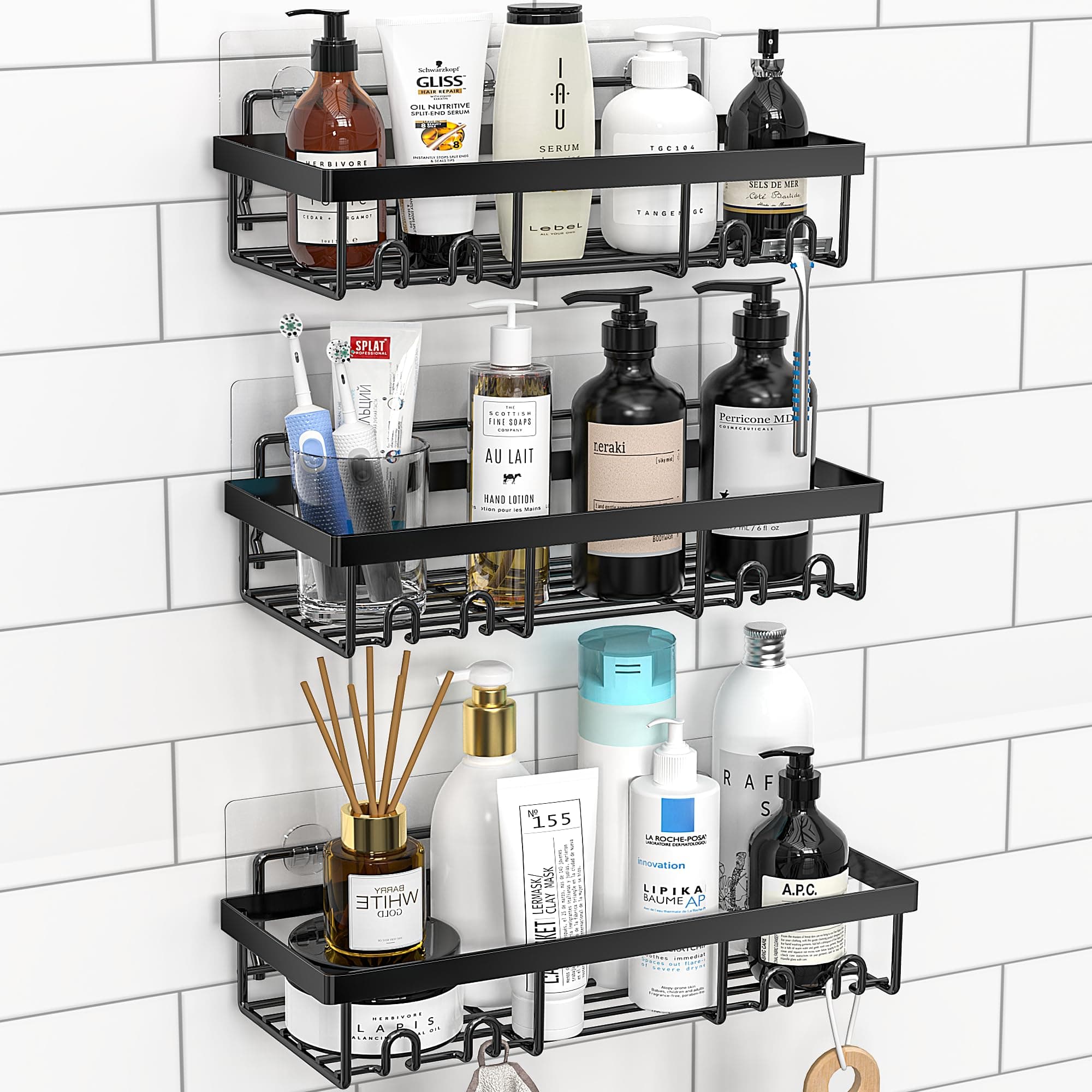Moforoco Shower Caddy Shelf Organizer Rack, Self Adhesive Black Bathroom Shelves Basket, Home Farmhouse Wall Shower Inside Organization and Storage Decor Rv Accessories, First Apartment Essentials