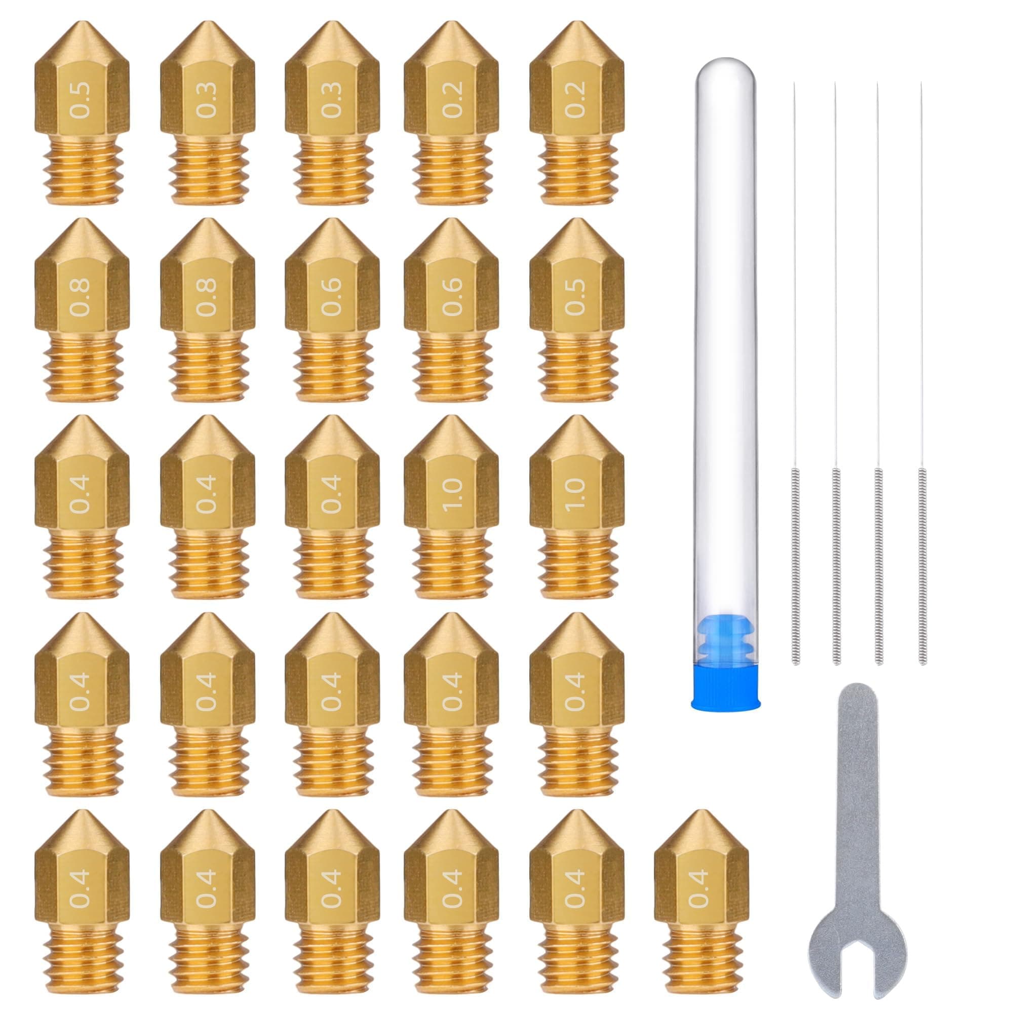 26pcs MK8 Nozzles Multi Size, 3D Printer Brass Hotend Nozzles 0.2mm/0.3mm/0.4mm/0.5mm/0.6mm/0.8mm/1.0mm with DIY Tools Compatible with Neptune 3 Series and More