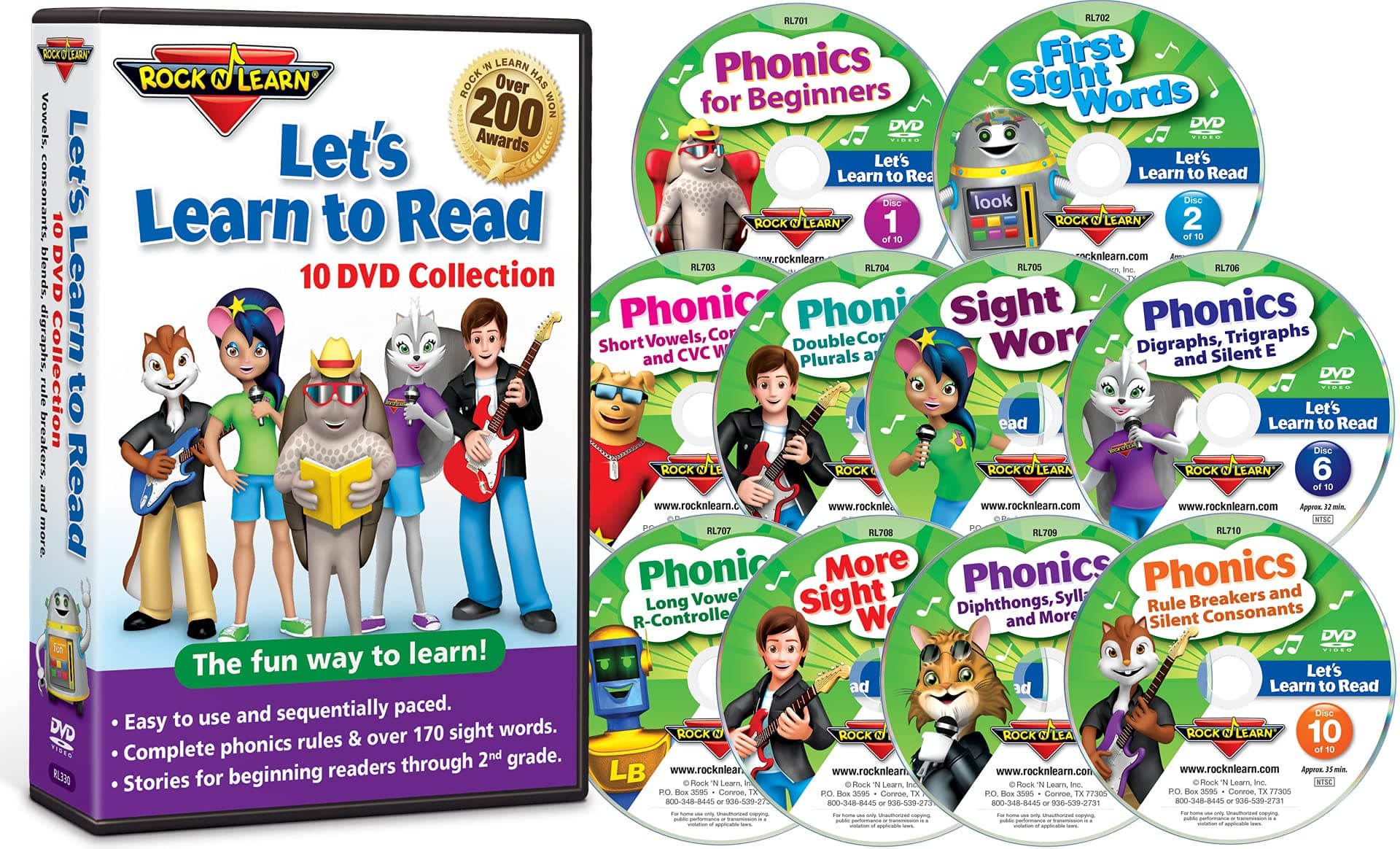 Let’s Learn to Read 10 DVD Collection by Rock ‘N Learn (170 sight words, covers all phonics rules, vowels, consonants, blends, digraphs, practice sections to build reading fluency, 80 downloadable worksheets and more.)