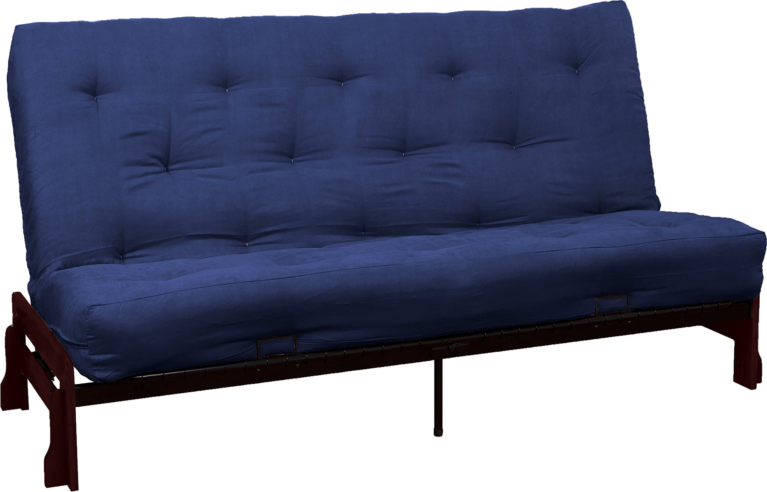 Bali 8-Inch Loft Inner Spring Futon Sofa Sleeper Bed, Queen-size, Mahogany Arm Finish, Microfiber Suede Dark Blue Upholstery