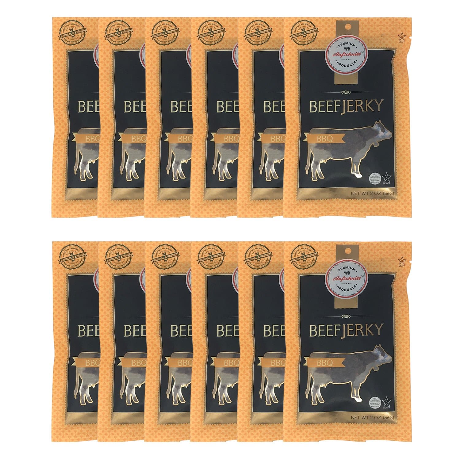 Aufschnitt Beef Jerky - Barbecue - 12 pack (2 oz each) - Kosher, Glatt, Star-K Certification, Gluten Free, All Natural, No Nitrites, Grass Fed Beef