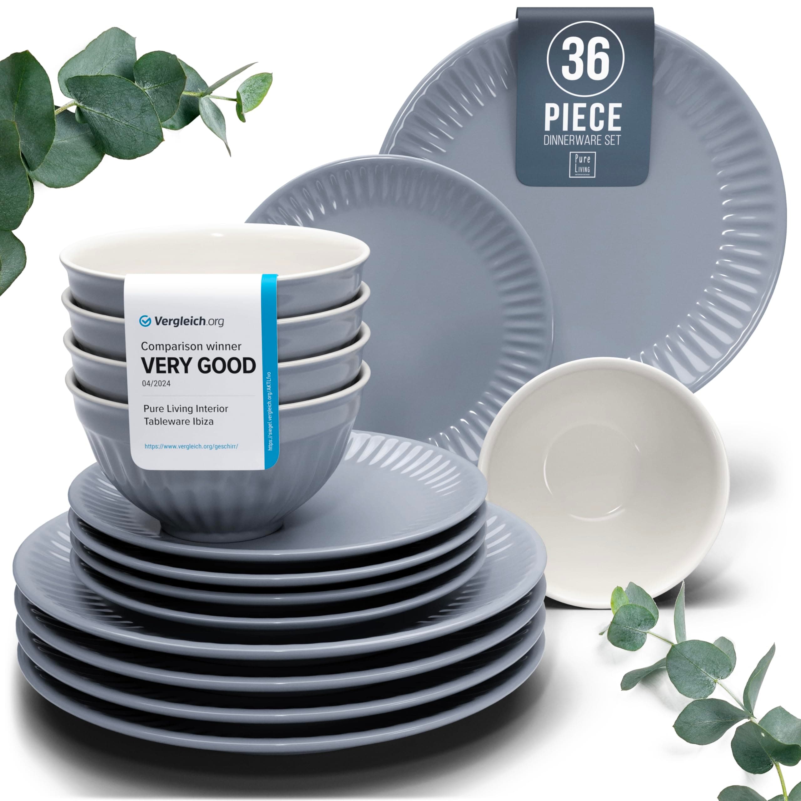 36-Piece Dinnerware Set - Bowl and Plate Set - Stoneware Dining Set for 12 People - Dishwasher and Microwave Safe - Grooved Dining Service in Grey-Blue