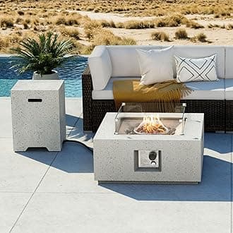 COSIEST 2-Piece Outdoor Propane Fire Pit Table Set w Tank Table, 28" Terrazzo Square Fire Table (CSA Certified, 40,000 BTU) w 16" Tank Cover Side Table, Wind Guard, Waterproof Cover for Garden, Pool