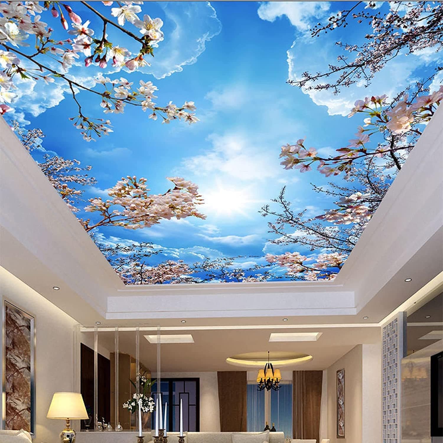 Custom 3D Ceiling Wall Mural, Blue Sky and White Cloud Pink Cherry Blossom Ceiling Mural Modern Creative Peel and Stick Wallpaper, Living Room Children's Room Bedroom Wallpaper