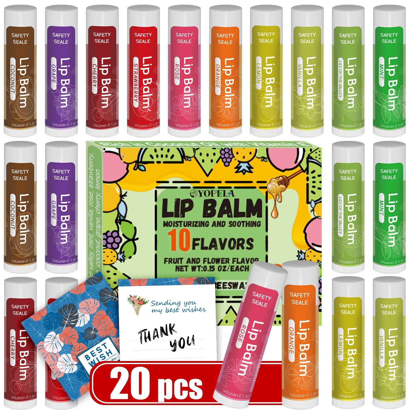 20 Pack Natural Lip Balm Bulk with Vitamin E and Coconut Oil Valentine's Best Choice - Moisturizing, Soothing, and Repairing Dry and Chapped Lips - 10 Flavors - Non-GMO