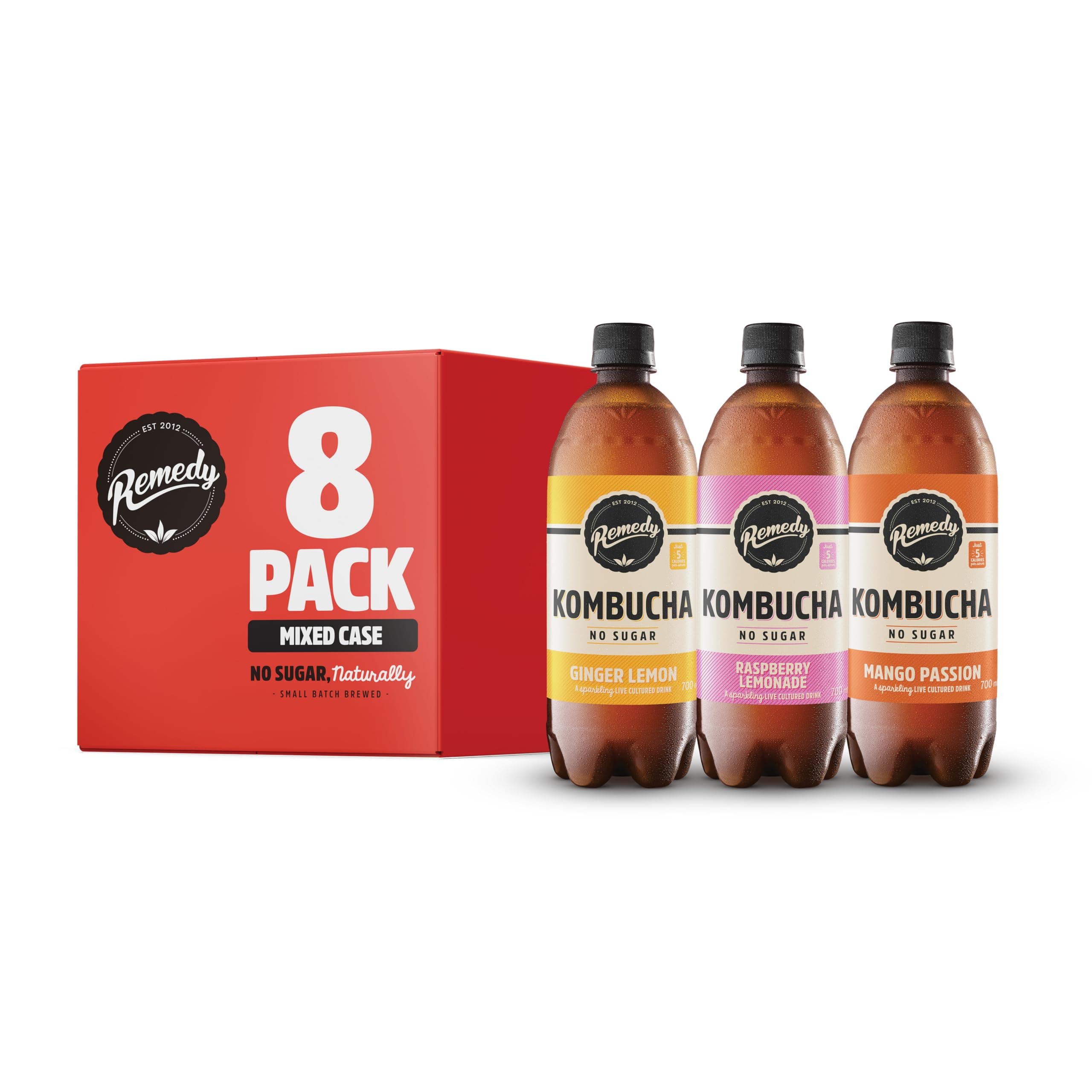 Remedy Kombucha Tea - Mixed Pack - 4 Mango Passion, 2 Ginger Lemon, 2 x Raspberry Lemonade - Sparkling Live Cultured, Naturally Sugar Free Soft Drink - Probiotic for Gut Health - 8 x 700ml
