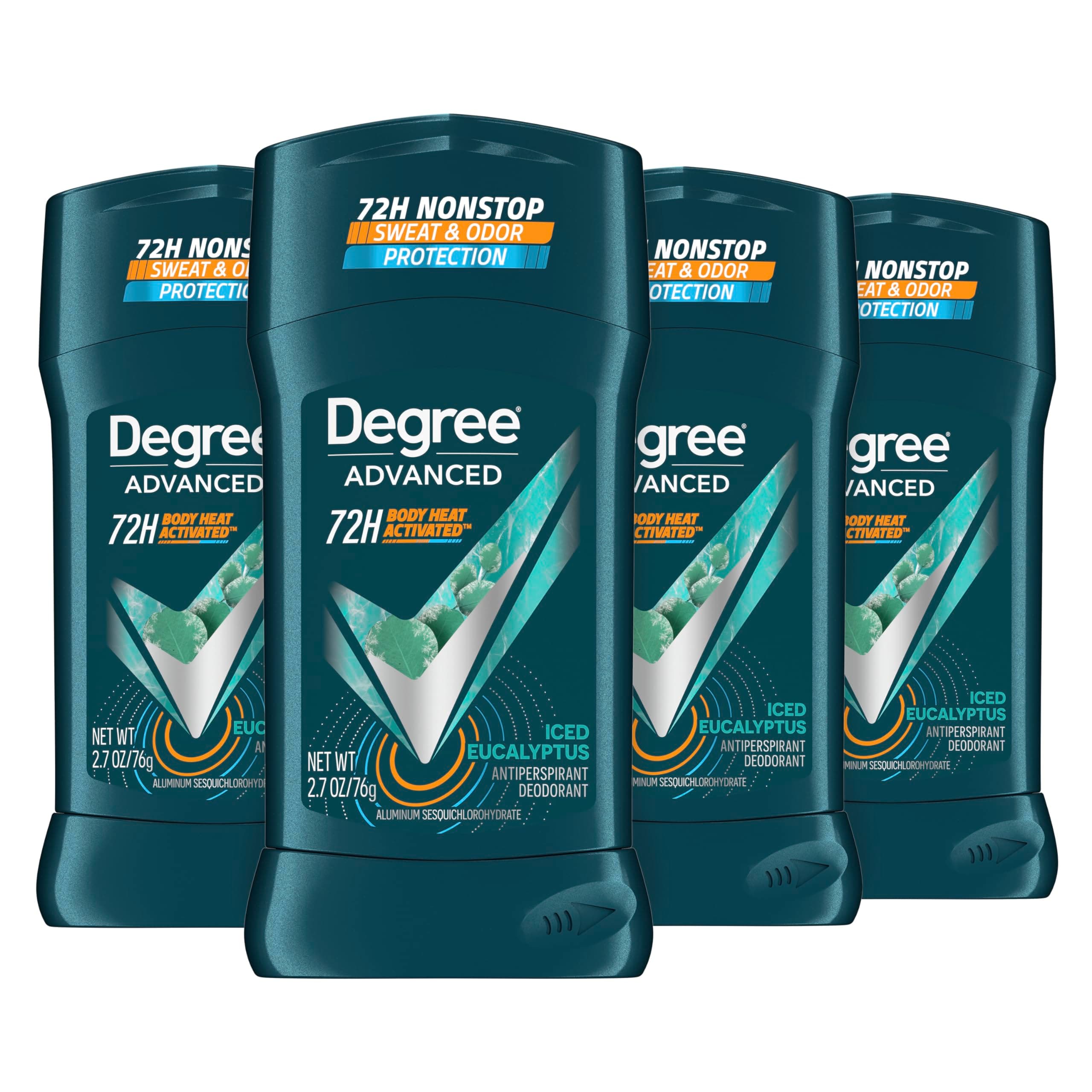 Degree Men Advanced Antiperspirant Deodorant Stick Ice Eucalyptus 4 Count 72-Hour Sweat and Odor Protection Deodorant for Men with Body Heat Activated Technology 2.7 oz
