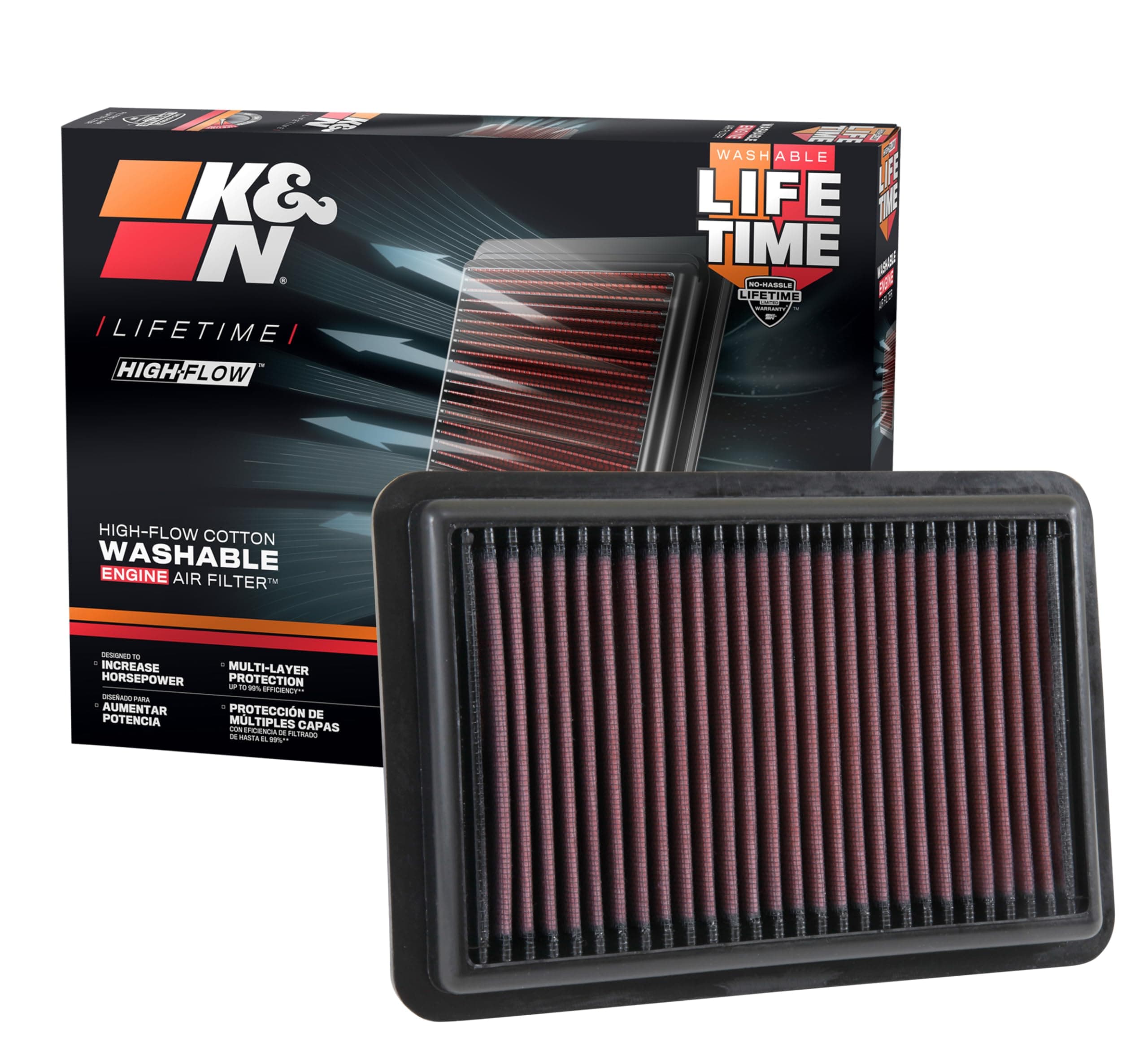 High-Flow Original Lifetime Engine Air Filter: Increase Power: Washable: Compatible with 2017-2025 HYUNDIA/KIA: Elantra, I30, Kona, Veloster, Cerato, Forte, ProCeed, Seltos, Soul, Xceed, 33-5050
