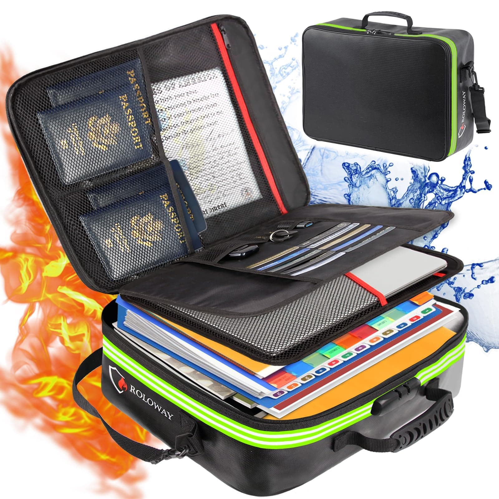 Fireproof Document Bag with Lock & Reflective Strip (17 x 11.8 x 5 inch), Important Document Storage Bag with Multi-Layer File Organizers (Black)