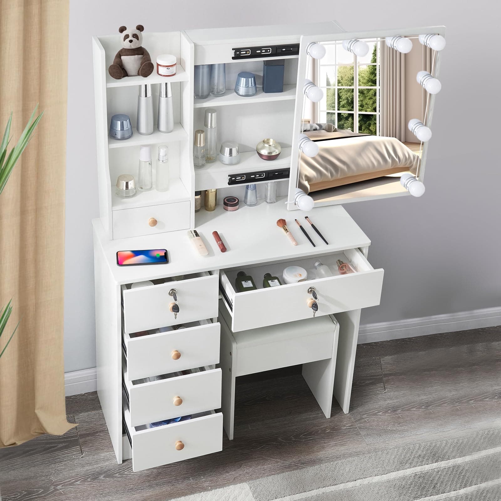 Guanglai Makeup Vanity Table with Lights and Mirror,Vanity Dressing Table with Lighted Makeup Mirror,Vanity Table Desk with Drawers Shelves and Stool for Bedroom