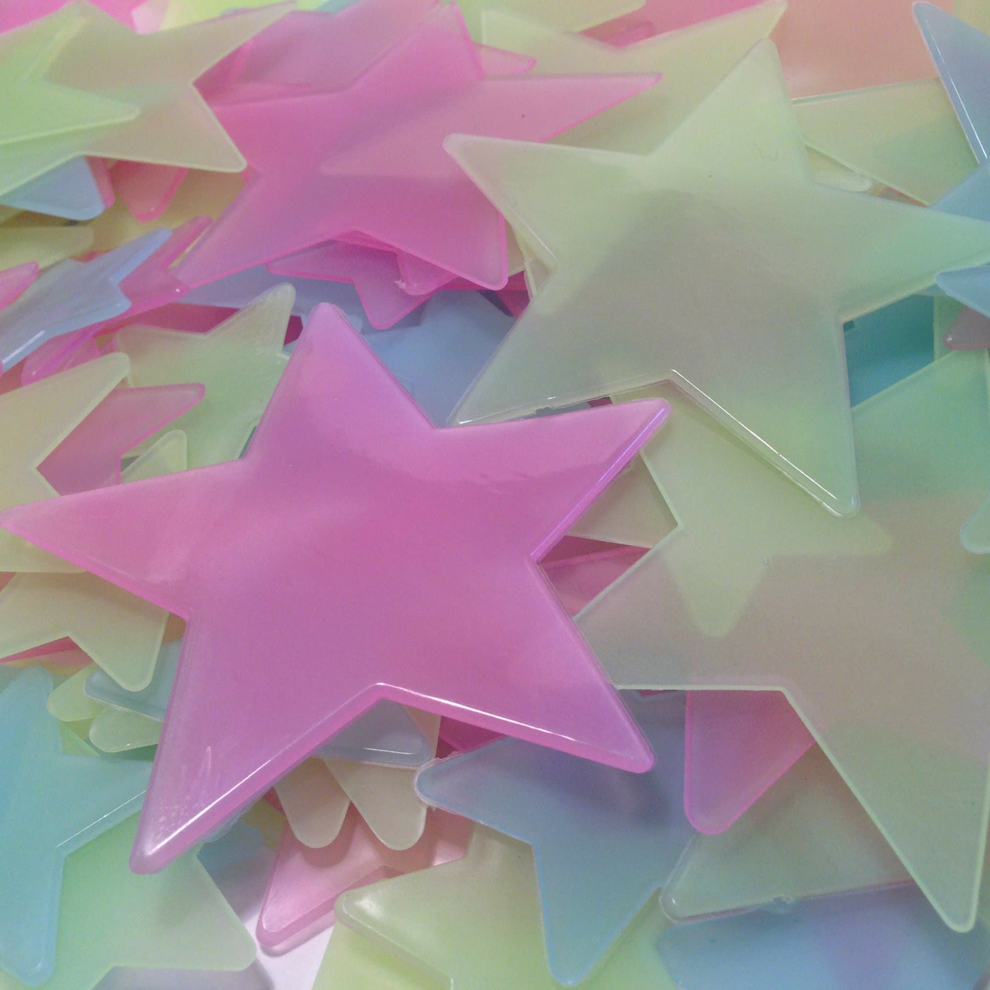 Rayliad 150 Large Bright Multi-Color Plastic Glow In The Dark Stars for Ceiling - 1.5, 2.5, Huge 3.5 Inch - Green, Blue, Pink Star Sticker Kids Bedroom Decorations - Adhesive Included