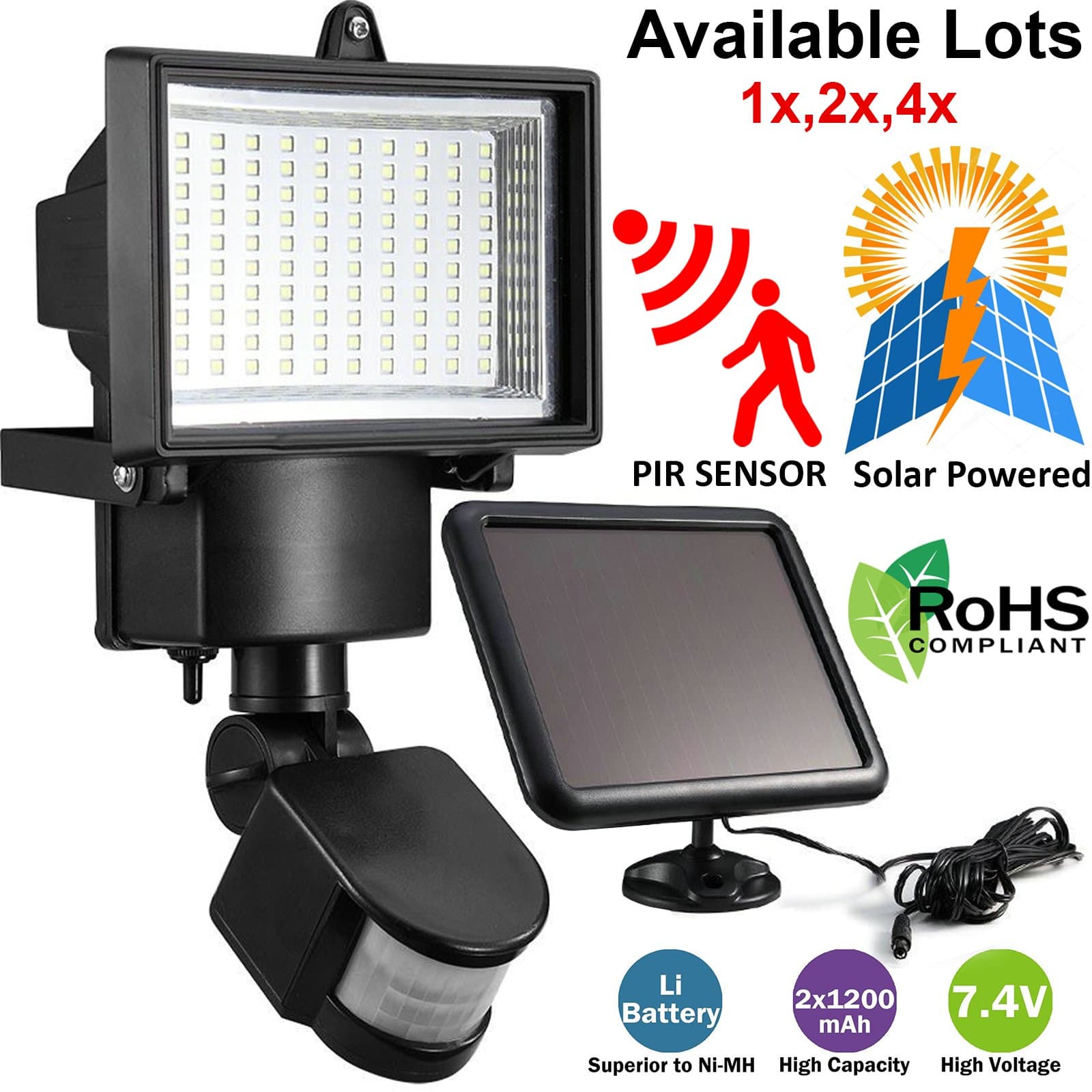 Safekom 100 LED Solar Powered PIR Motion Sensor Flood Light Home Security Floodlight Garden Patio Wall Outdoor Lamp