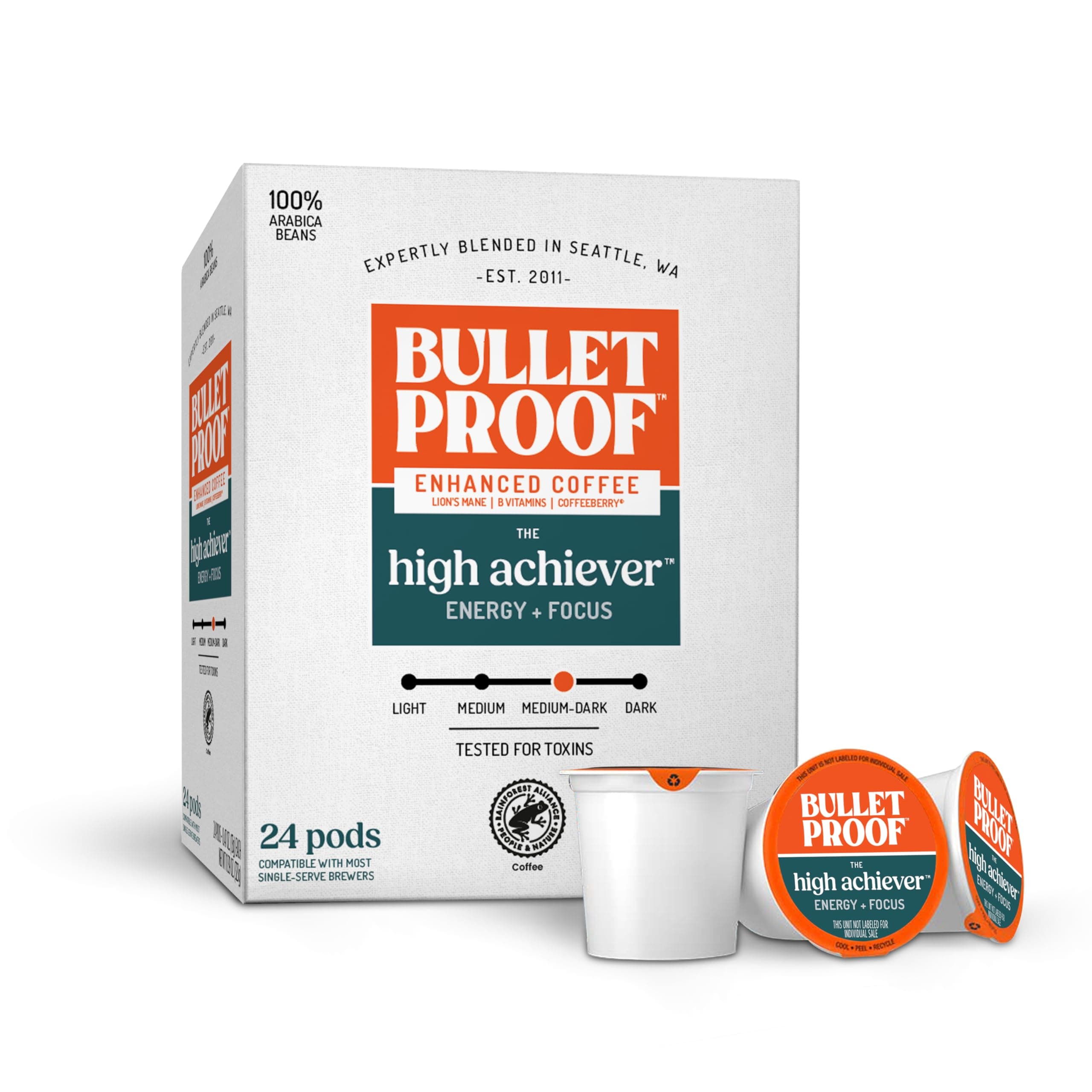 Bulletproof The High Achiever Single-Serve Pods, 24 count, Medium-Dark Roast Enhanced Coffee