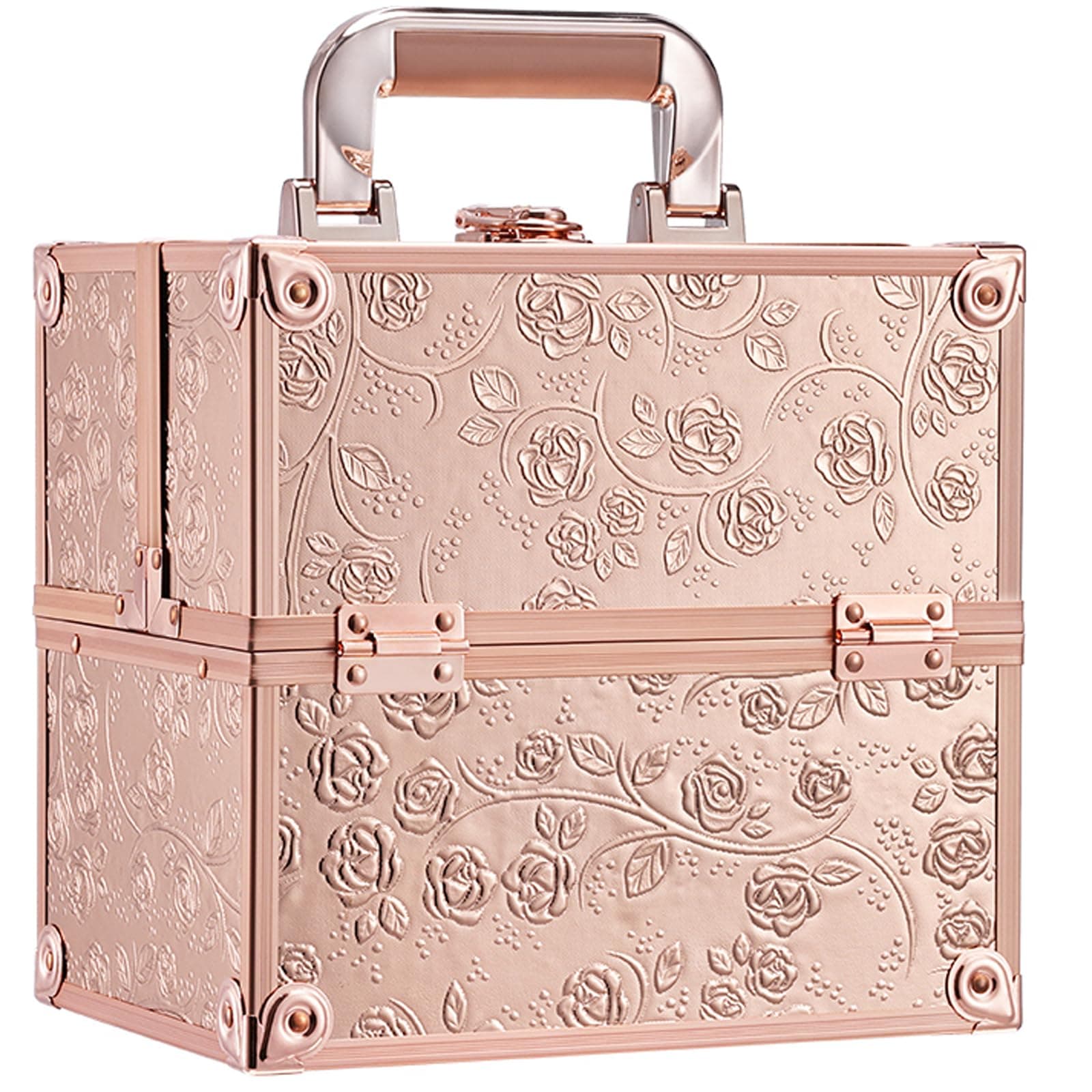 Makeup Train Case Cosmetic Box Portable Makeup Case Organizer 4 Trays Lock Travel Storage Organizer with Dividers Make Up Artist Vanity Hard Nail Spa Beauty Box Rose Gold Floral