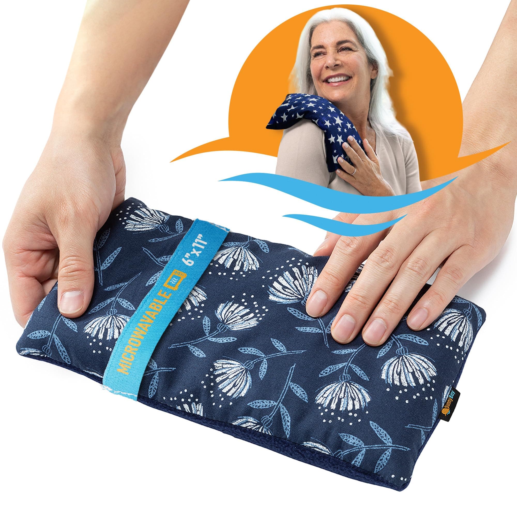 SunnyBay Small Microwave Heating Pad, Microwavable Versatile Cold/Heated Neck and Shoulder Wrap for Back Pain, Moist Heat Organic Cotton Fleece Pad with Flax Seed Filling, 6x11 Inches, Blue-Dandelion