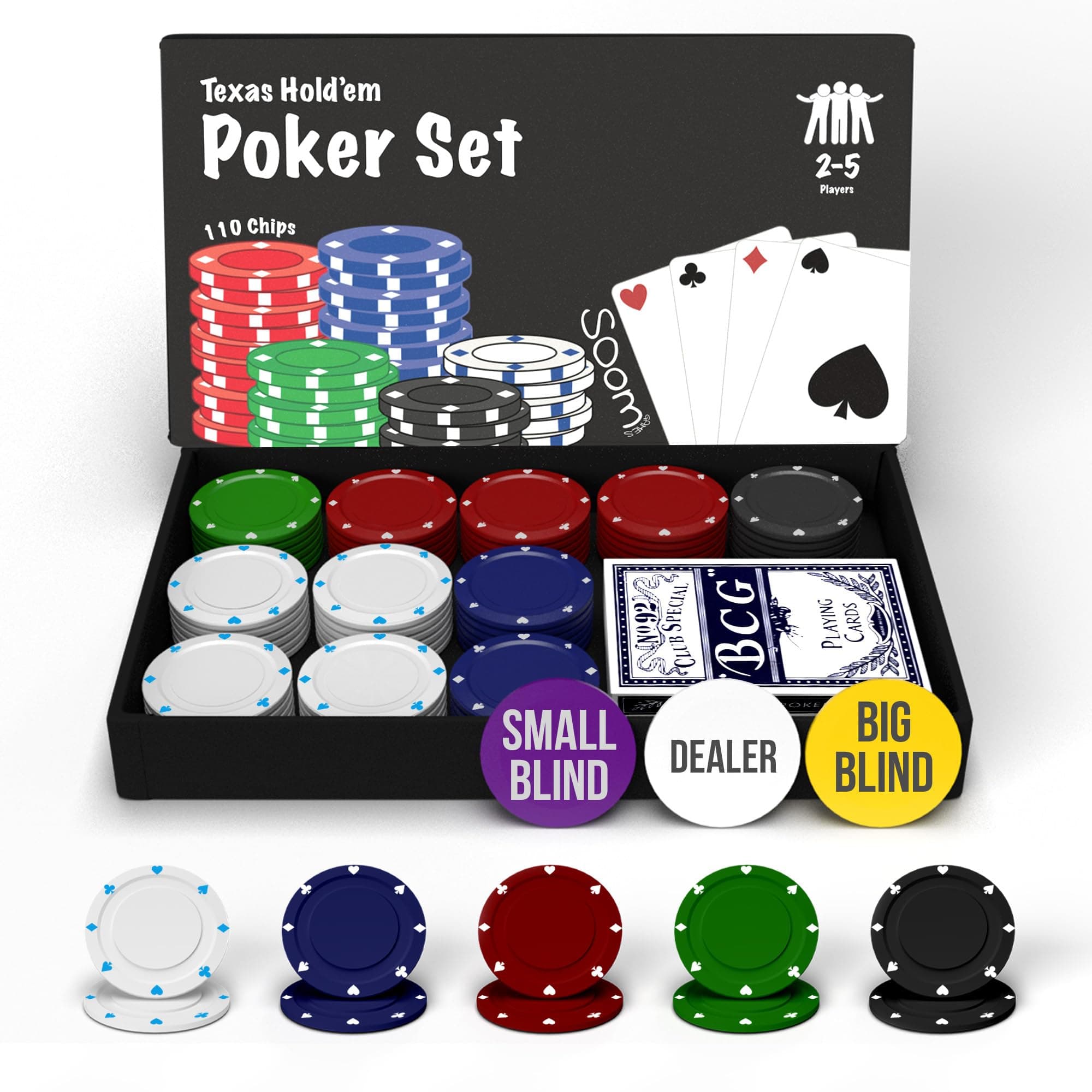 Poker Set Compact Size with 110 Chips, Dealer Button, Big & Small Blind Buttons and Playing Cards, Poker Chips Set for 2–5 Players for Texas Hold’em, Blackjack, Casino Games & More