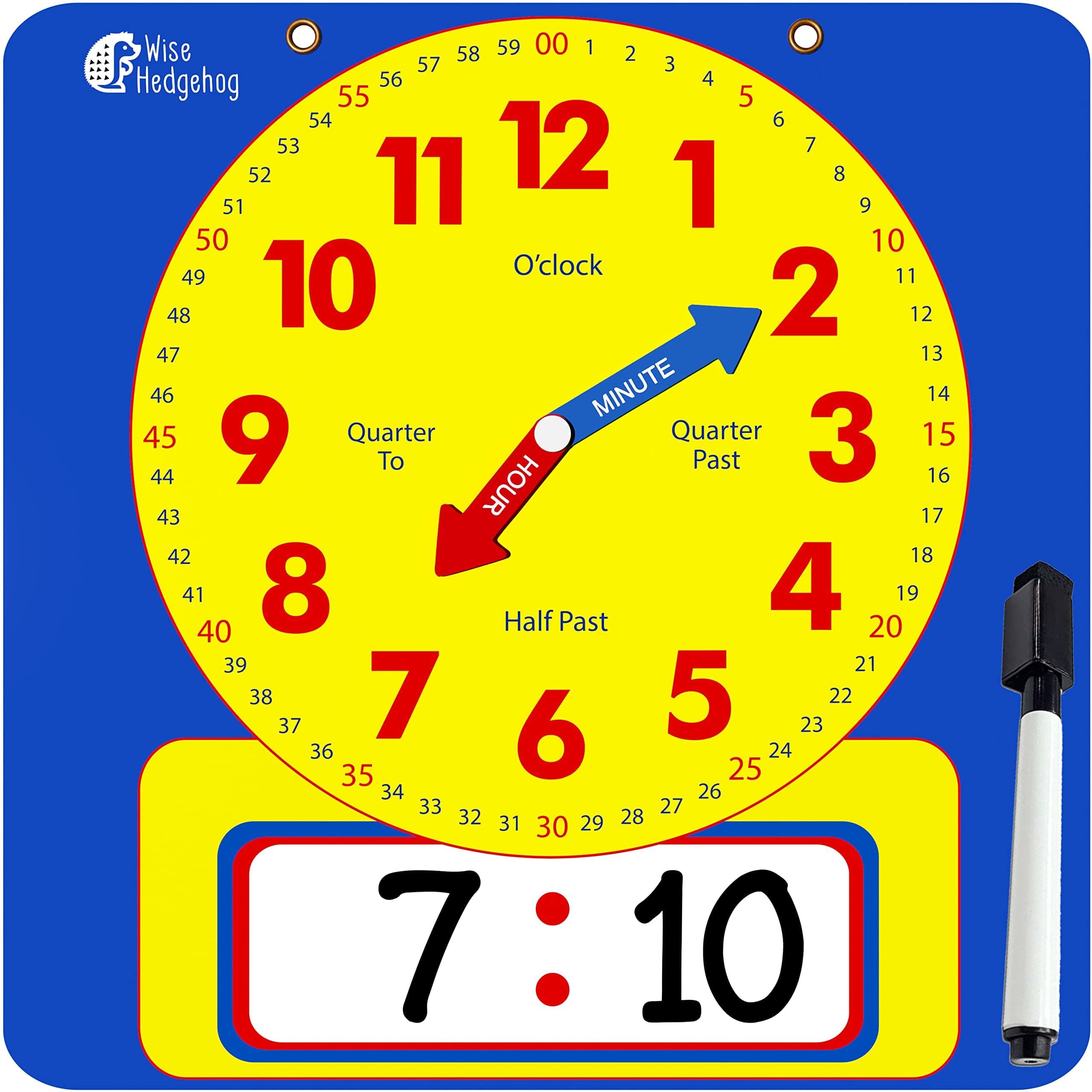 Write & Wipe Teaching Demonstration Clock - Kids Telling Time Learning Clock for Analog and Digital Time, Labelled Minute & Hour Hands, Easy to Read for School Classrooms and Homeschool Supplies