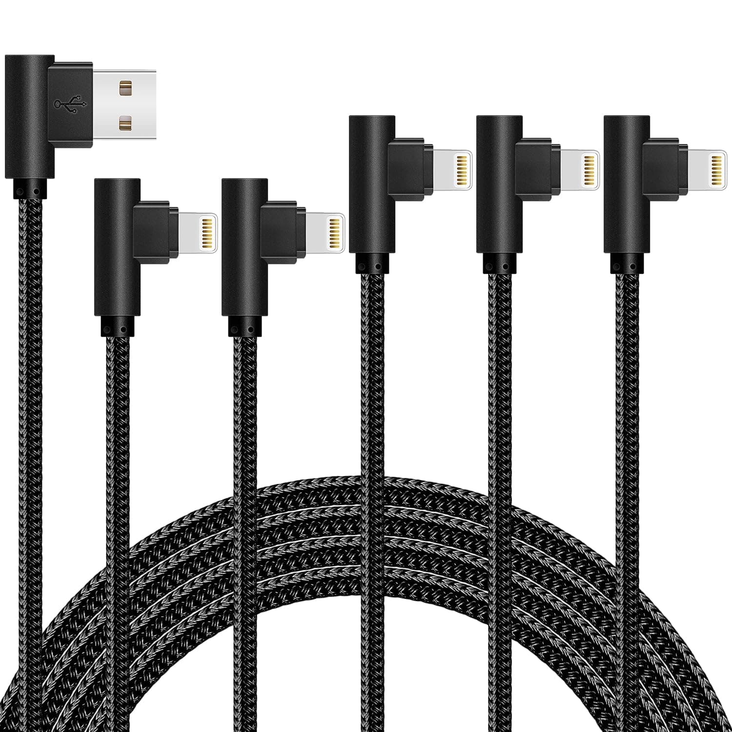 APFEN iPhone Cable 5 Pack(3/3/6/6/10FT) MFI Certified Cable Lightning Fast Charger Nylon Braided Data Cord 90 Degree Elbow for Game Video Compatible with iPhone 12 11 Pro Max XR XS Max iPod (Black)