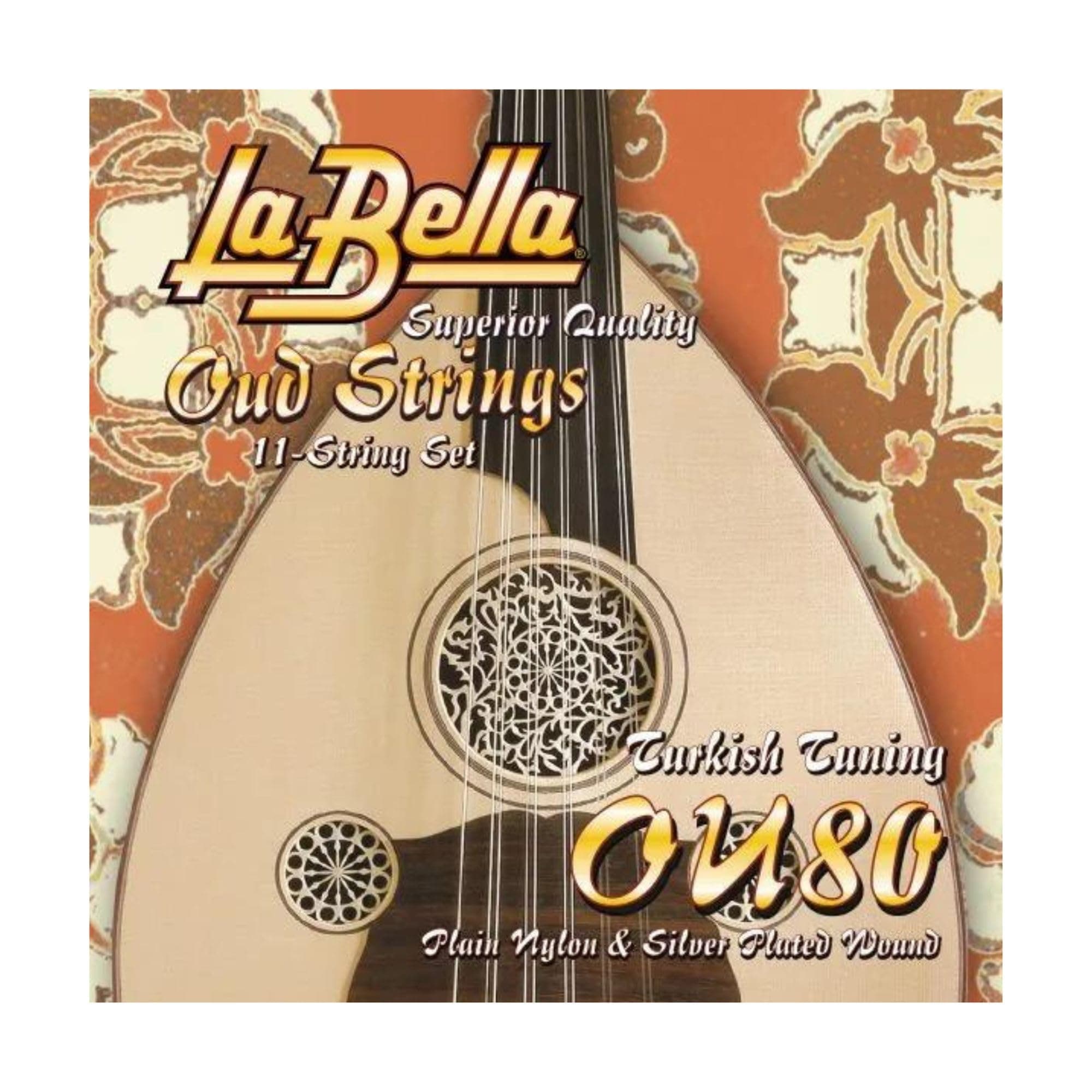 La Bella OU80 Oud Strings 12- String Set Turkish Tuning Plain Nylon Silver- Plated Wound 22-42