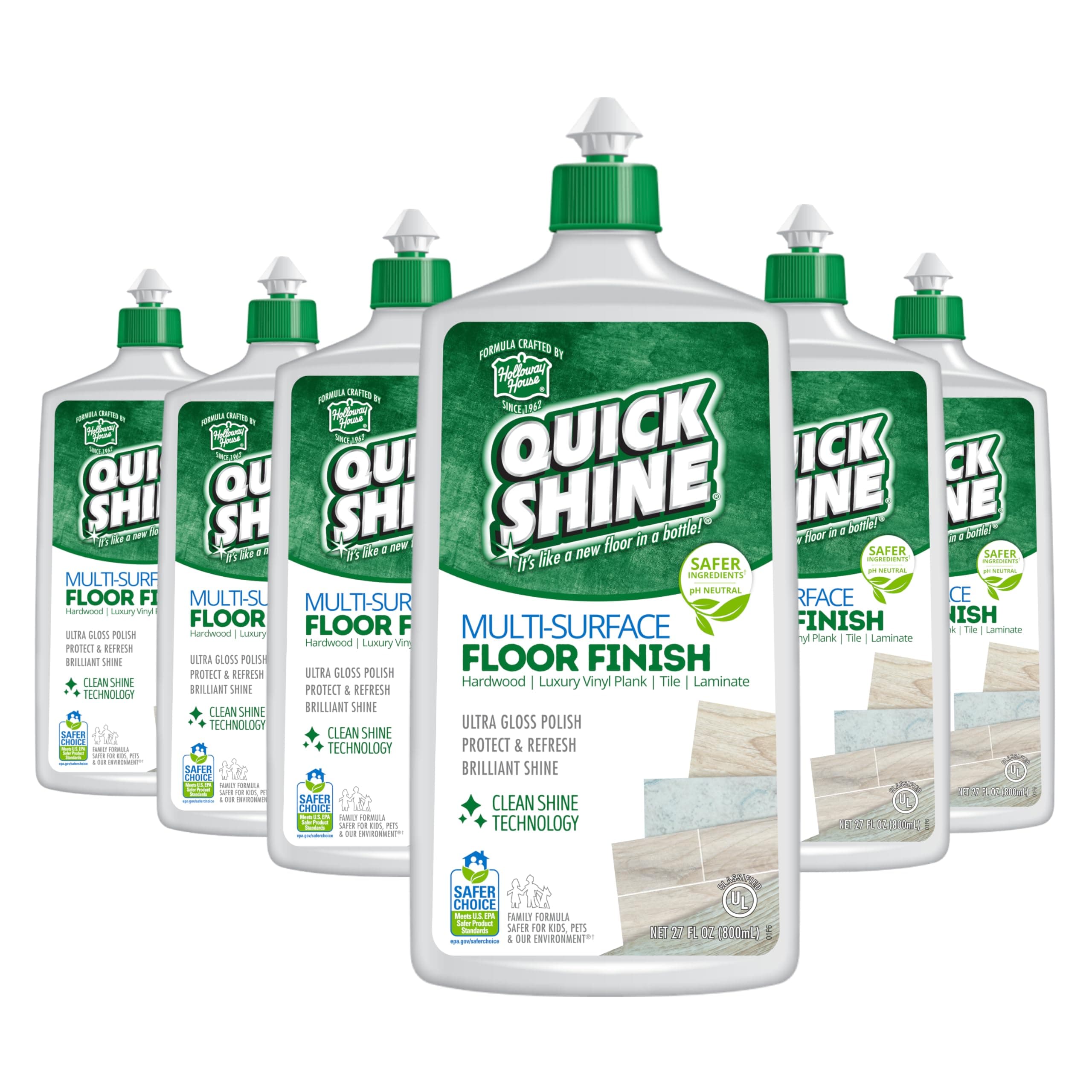 Quick Shine Multi Surface Floor Finish 27oz, 6Pk | Cleaner & Polish to use on Hardwood, Laminate, Luxury Vinyl Plank LVT, Tile & Stone | Safer Choice w/Clean Shine Technology | Shine-Protect-Refresh
