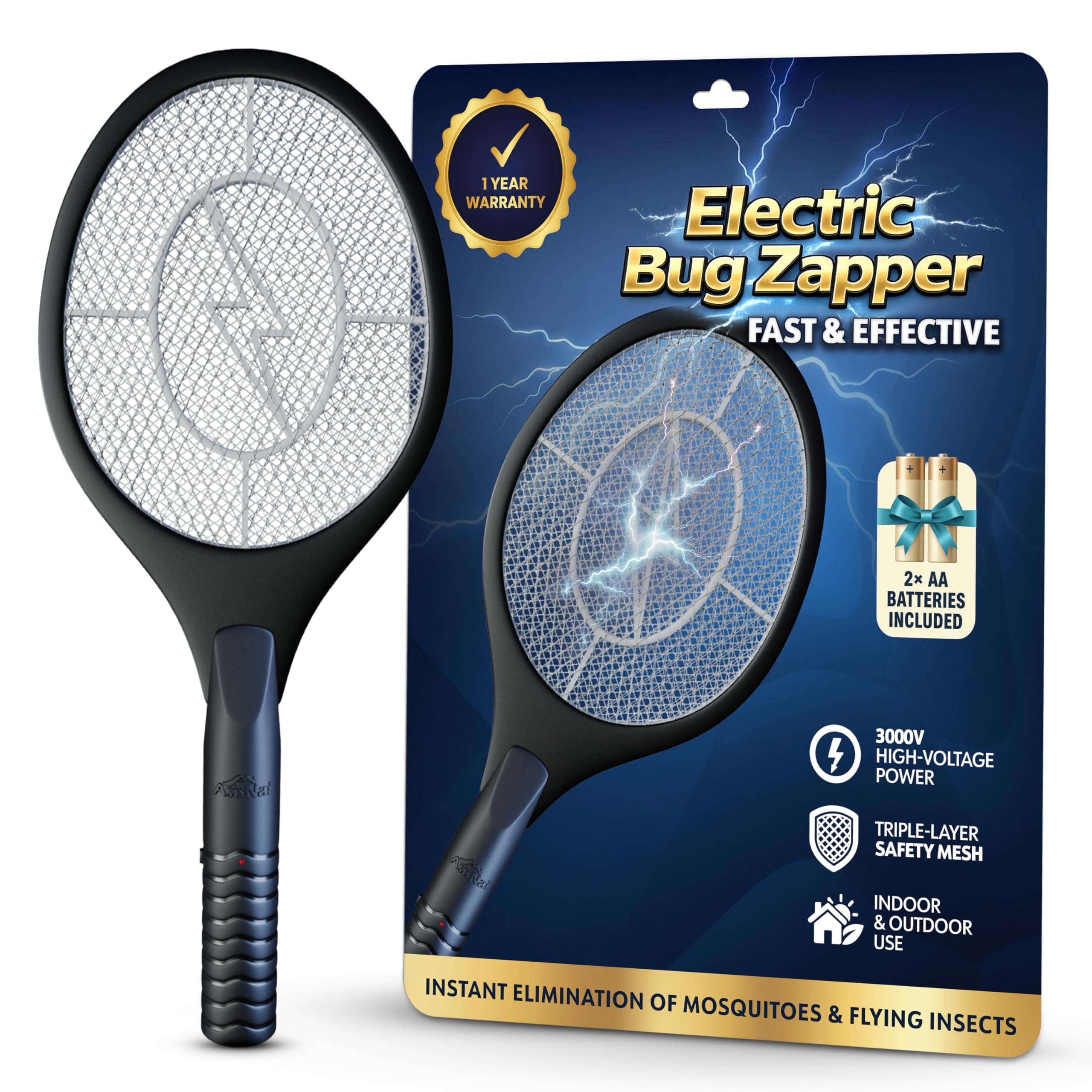 Bug Zapper Racket - Electric Fly Swatter & Mosquito Zapper for Indoor/Outdoor Insect Control - Battery-Operated Tennis Racket Zap - Lightweight & Portable High Voltage Bug Zapper - Black Mamba
