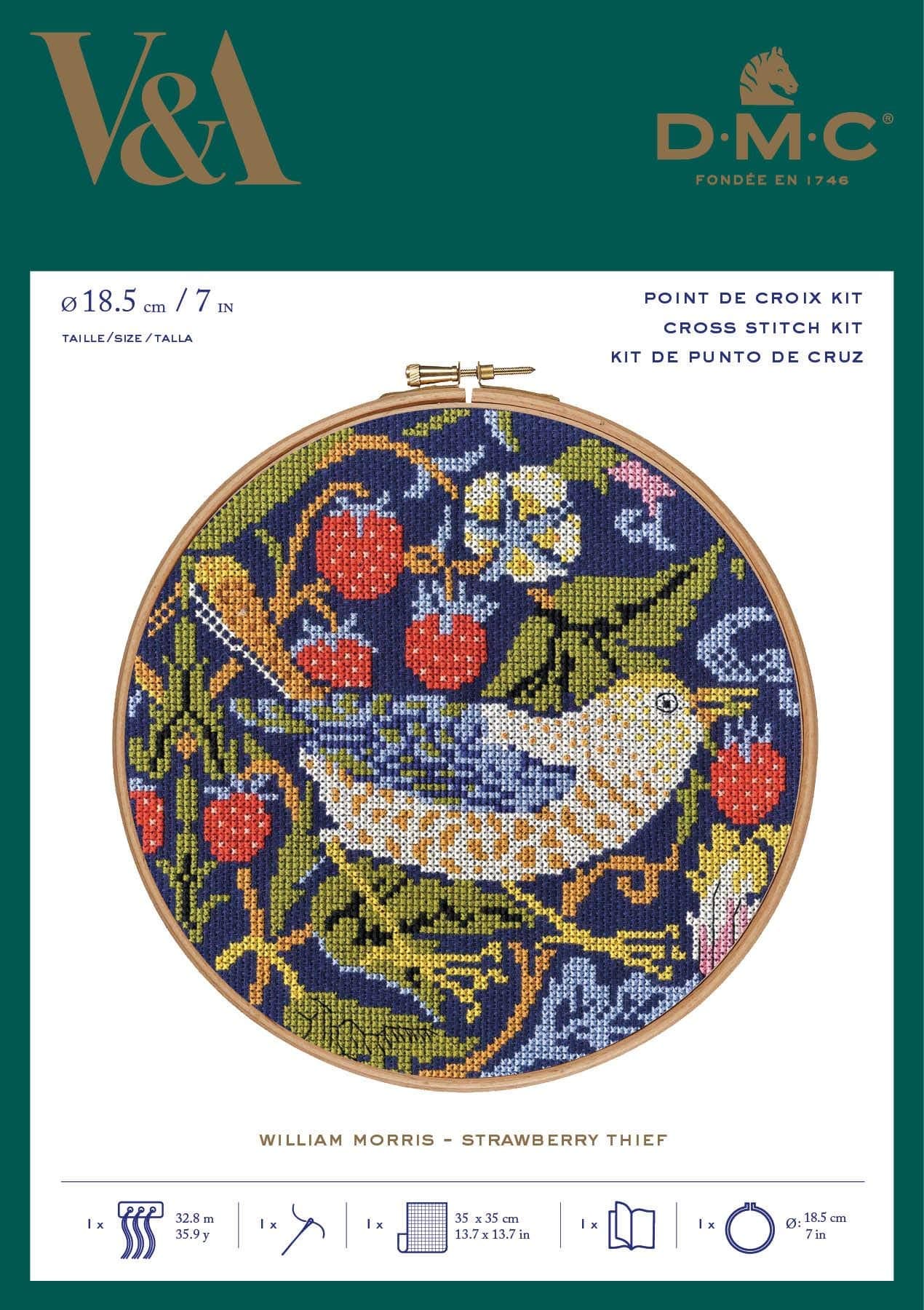 Strawberry Thief Cross-Stitch Kit, Includes Six-Strand Embroidery Thread, Embroidery Needle, Blue 14ct Aida Fabric, Wooden Hoop (18cm) and Instructions