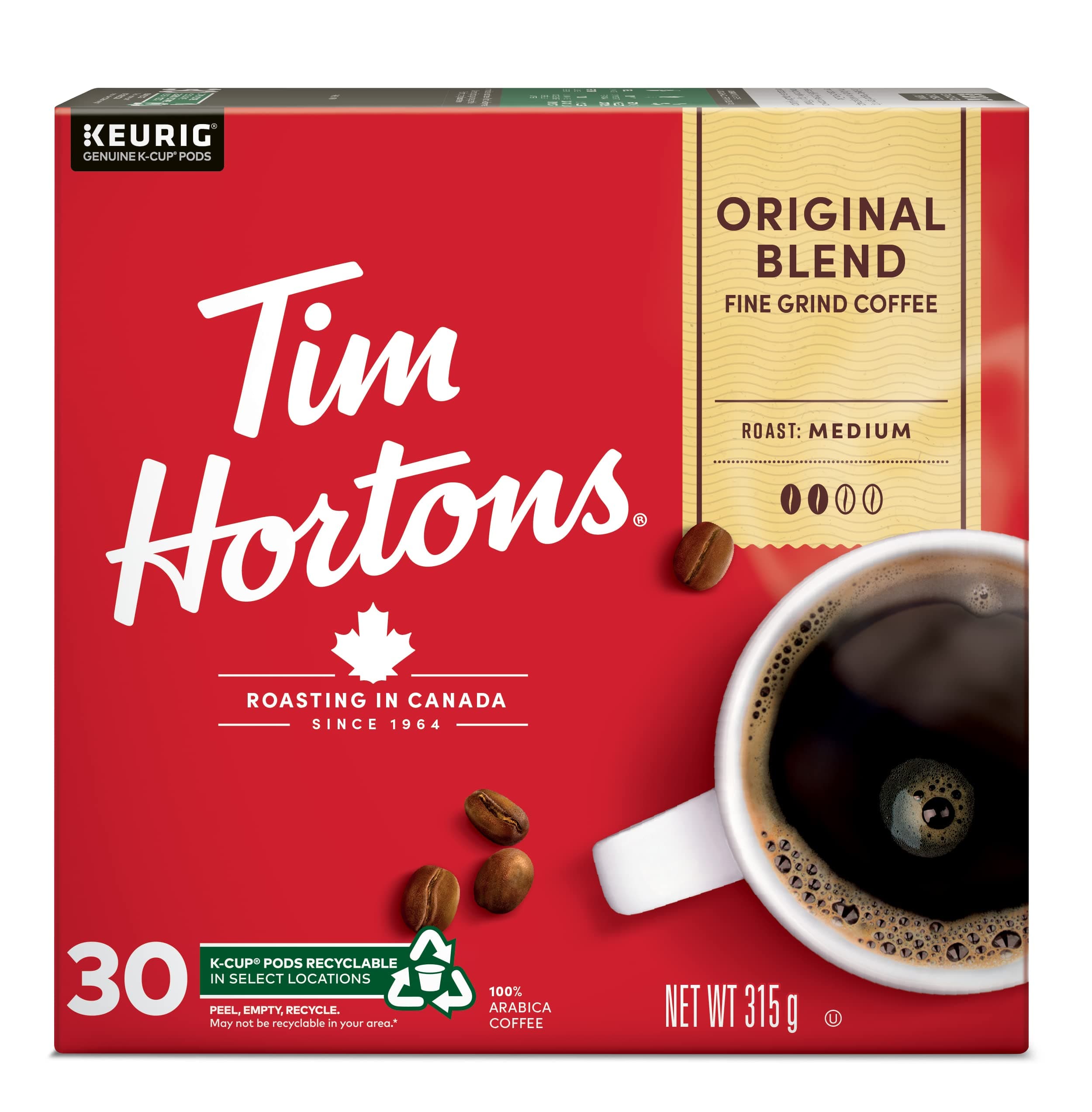Tim Hortons Original Blend Coffee, light medium roast, Single Serve Keurig Certified K-Cup Pods for Keurig Brewers, 30 Count