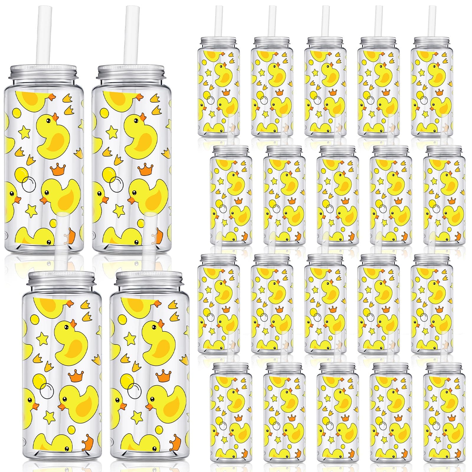 24 Pcs Plastic Cups with Lids and Straws 14.2 oz Reusable Cups with Lids and Straws for Smoothie Coffee Tumbler Bulk Travel Mug for Birthday Party Gifts(Rubber Duck Style)