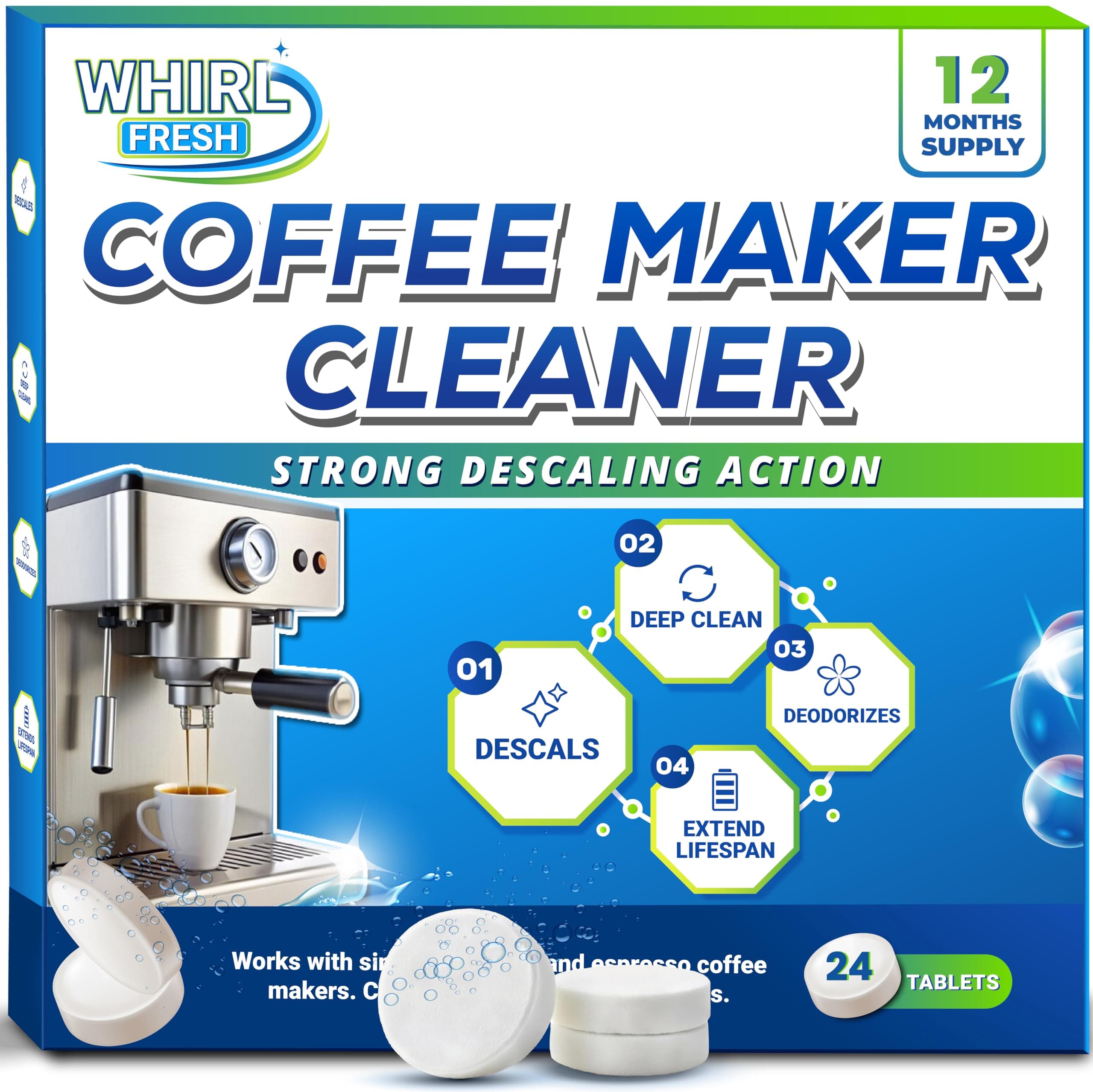 Coffee Machine Descaler Tablets – 24 Count, Coffee Maker Cleaner Tablets Compatible with All Major Brands Including Breville, Nespresso, Keurig, Ninja, Philips,Miele, Delonghi & more