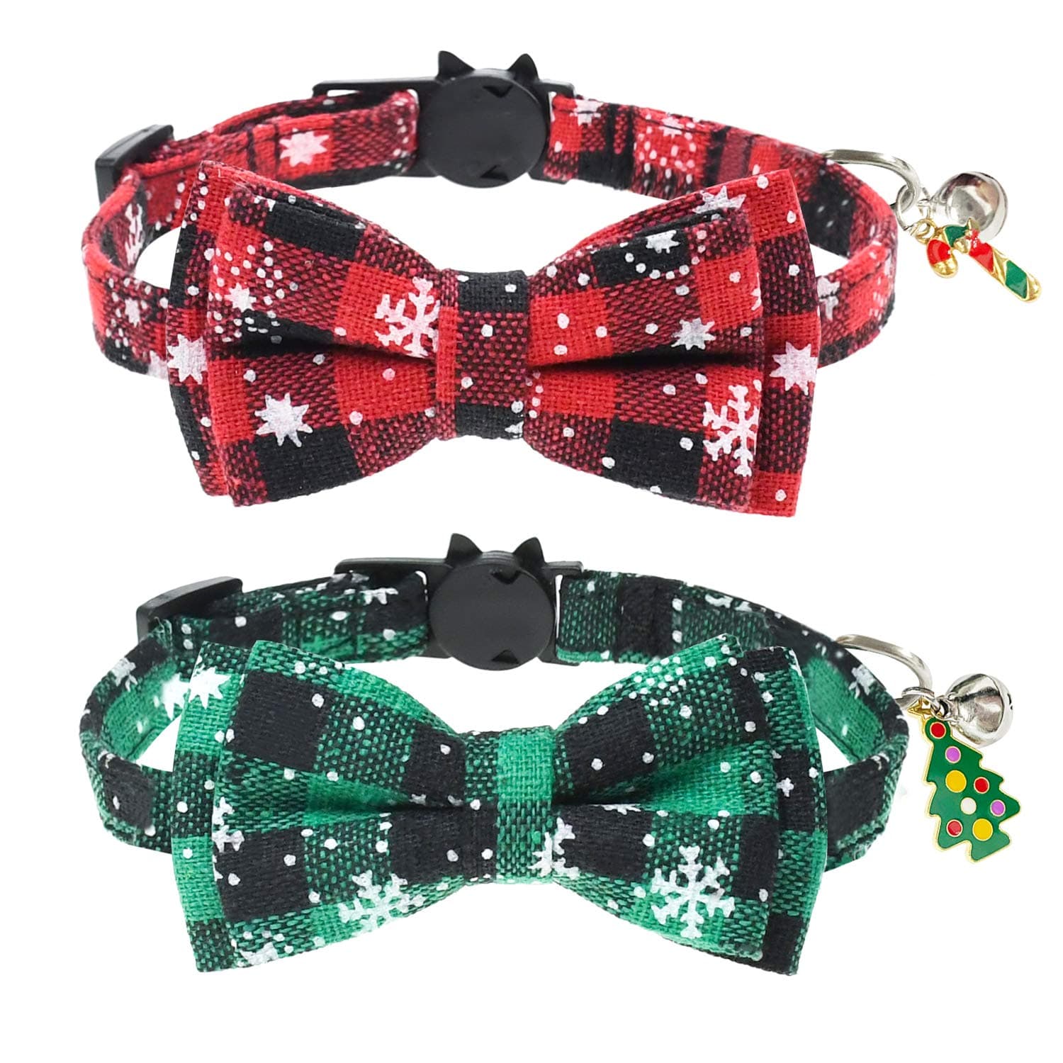 Malier 2 Pack Cat Collar Breakaway with Cute Bow Tie and Bell, Christmas Classic Plaid Snowflake Pattern Collar with Adjustable Safety Buckle Suitable for Cats Kitty Kitten