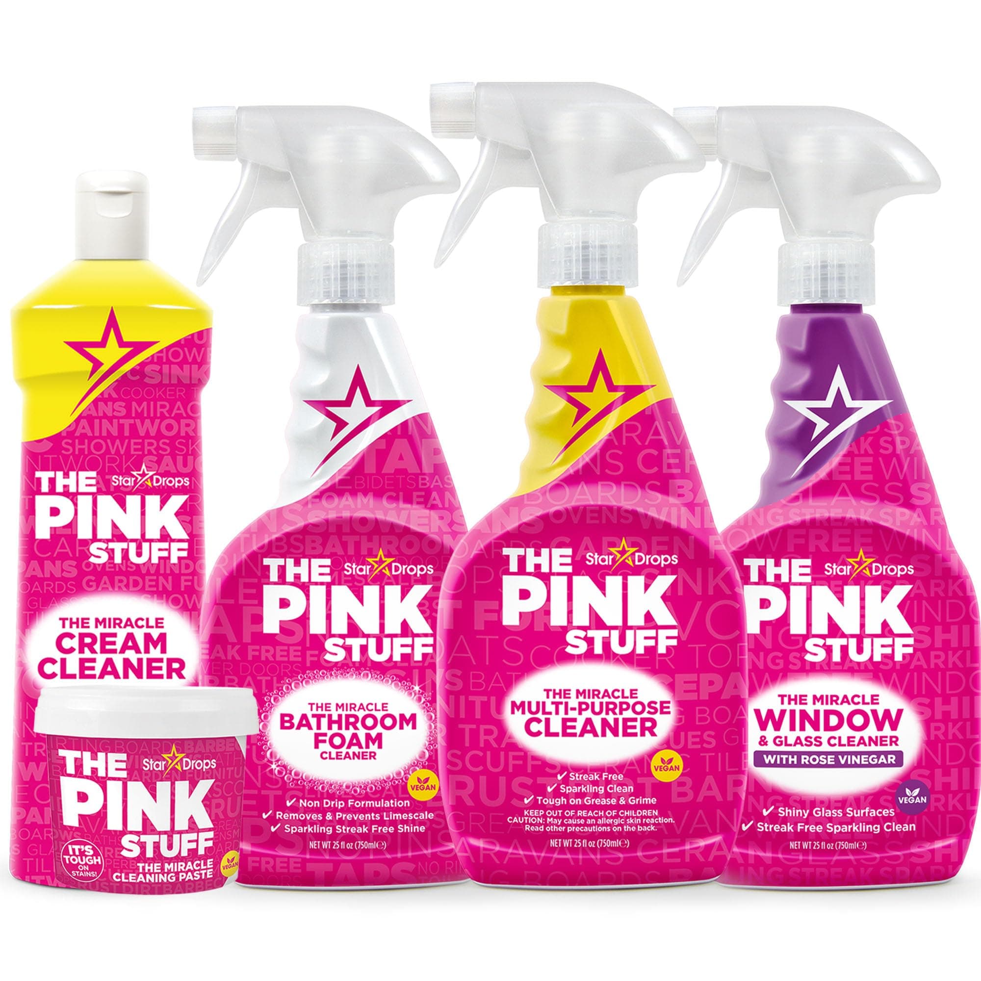 The Pink Stuff Miracle Cleaning Bundle – Multi-Purpose Paste, Spray, Bathroom Foam Cleaner, Window & Glass Cleaner, and Cream Cleaner – Complete All-Purpose Home Cleaning Kit