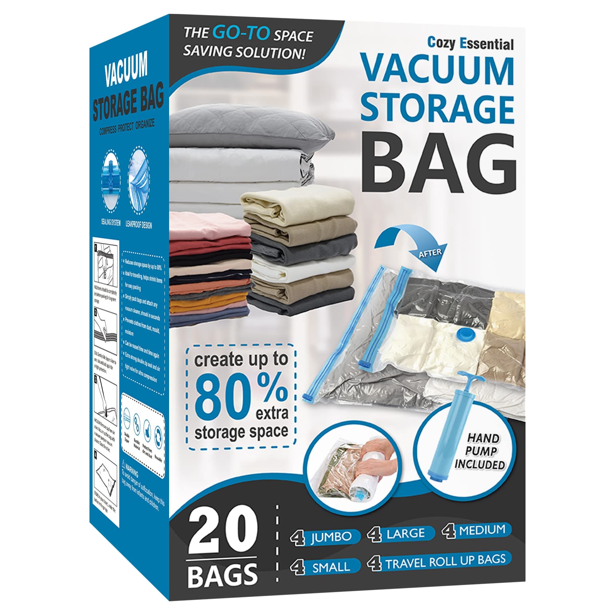 Vacuum Storage Bags, Compression Space Saver Bags for Clothes, Comforters, Blankets, Pillow, Bedding, Sealer Clothing Storage,20 Combo