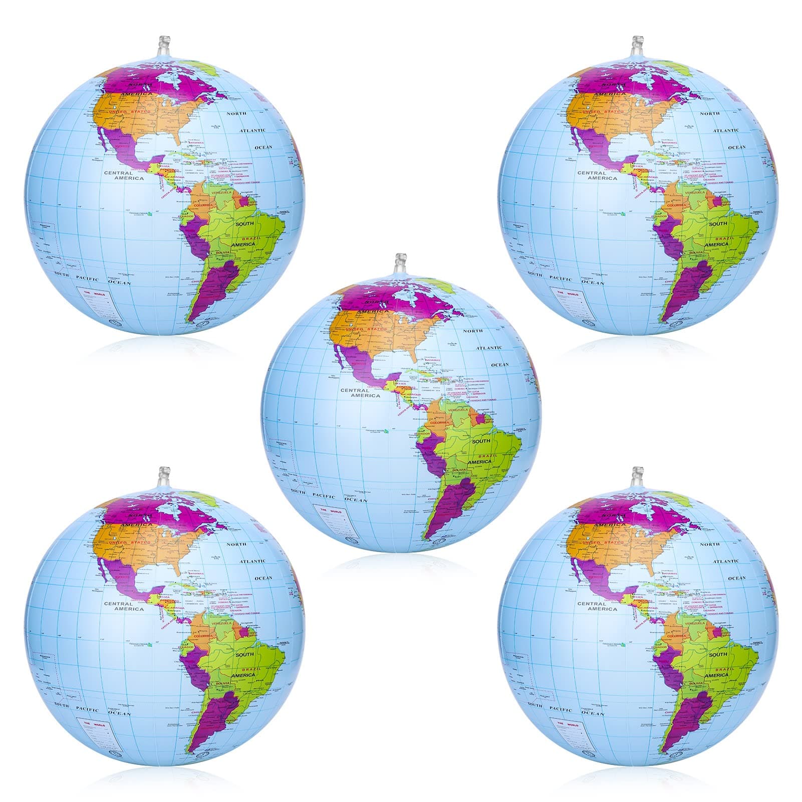 5 Pack Inflatable Global World Globe 38cm,Explore The World,Educational Geographic for School,Play and Educational Games