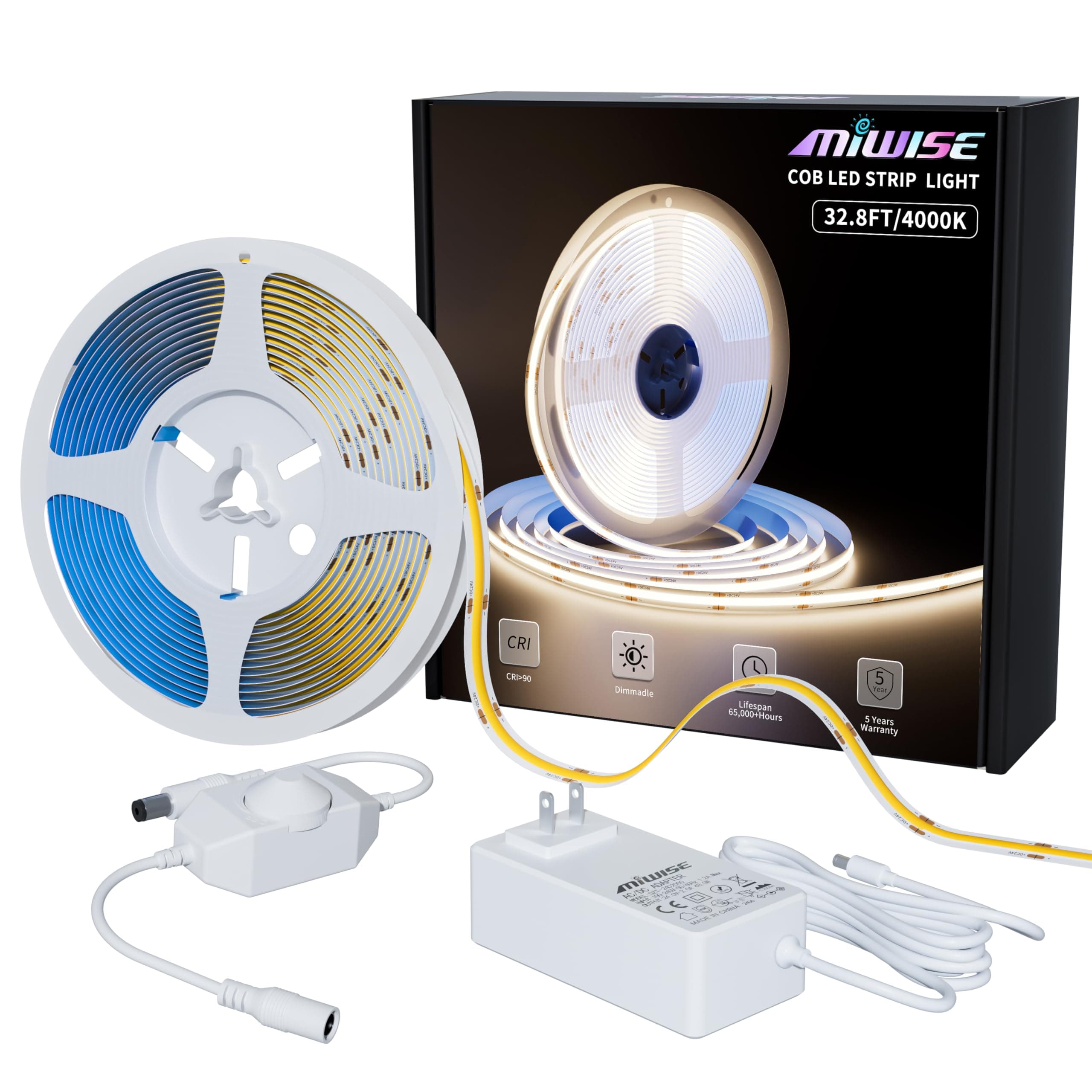 MIWISE COB LED Strip Light 32.8ft/10m,CRI 90+ Natural White 4000K High Lumen Dimmable Super Bright Flexible DC24V LED Tape Light with Controller/Dimmer,for Cabinet Home Office DIY Lighting Projects