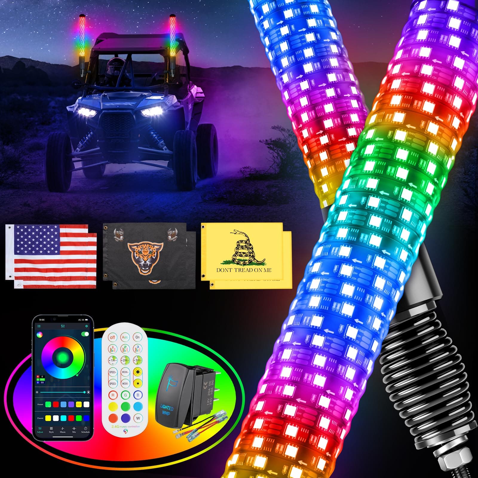 Ehaho 2PCS 2FT Fat Whip Lights for UTV ATV with Spring Base, Led Fatty Whip Light W/Rocker Switch & 6 Flags, Brighter Spiral Chasing Lighted Antenna Whip with APP & Remote Control for RZR SXS Can-Am